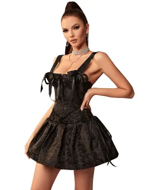 12 Pieces Plastic Bones Black Sexy Jacquard Braces Corset With Skirt