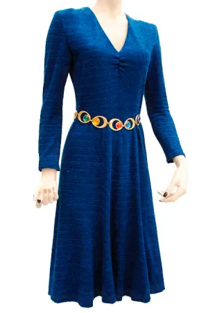 1970s Cobalt Blue Boucle Knitted Polyester Long Sleeved Flared Dress