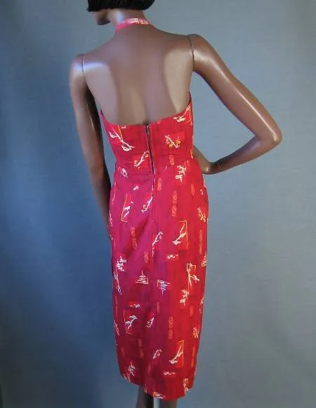 50s Women's Sarong Dress Vintage Hawaiian Bombshell Halter Asian Print Extra Small to Small Hoaloha VFG