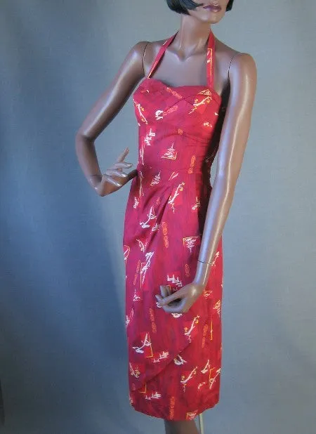 50s Women's Sarong Dress Vintage Hawaiian Bombshell Halter Asian Print Extra Small to Small Hoaloha VFG