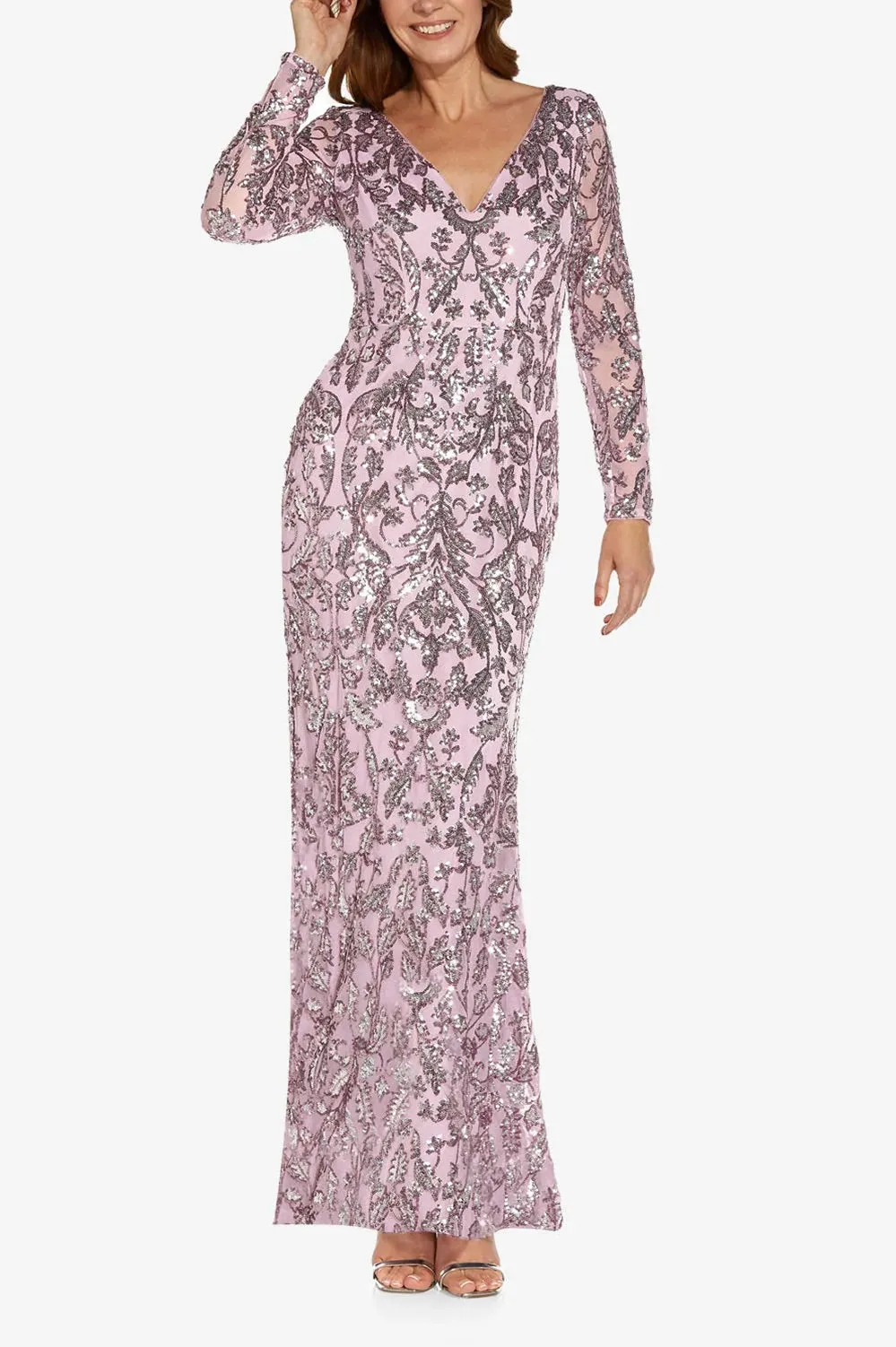 Adrianna Papell V-Neck Long Sleeve Bodycon Sequined Mesh Knit Gown