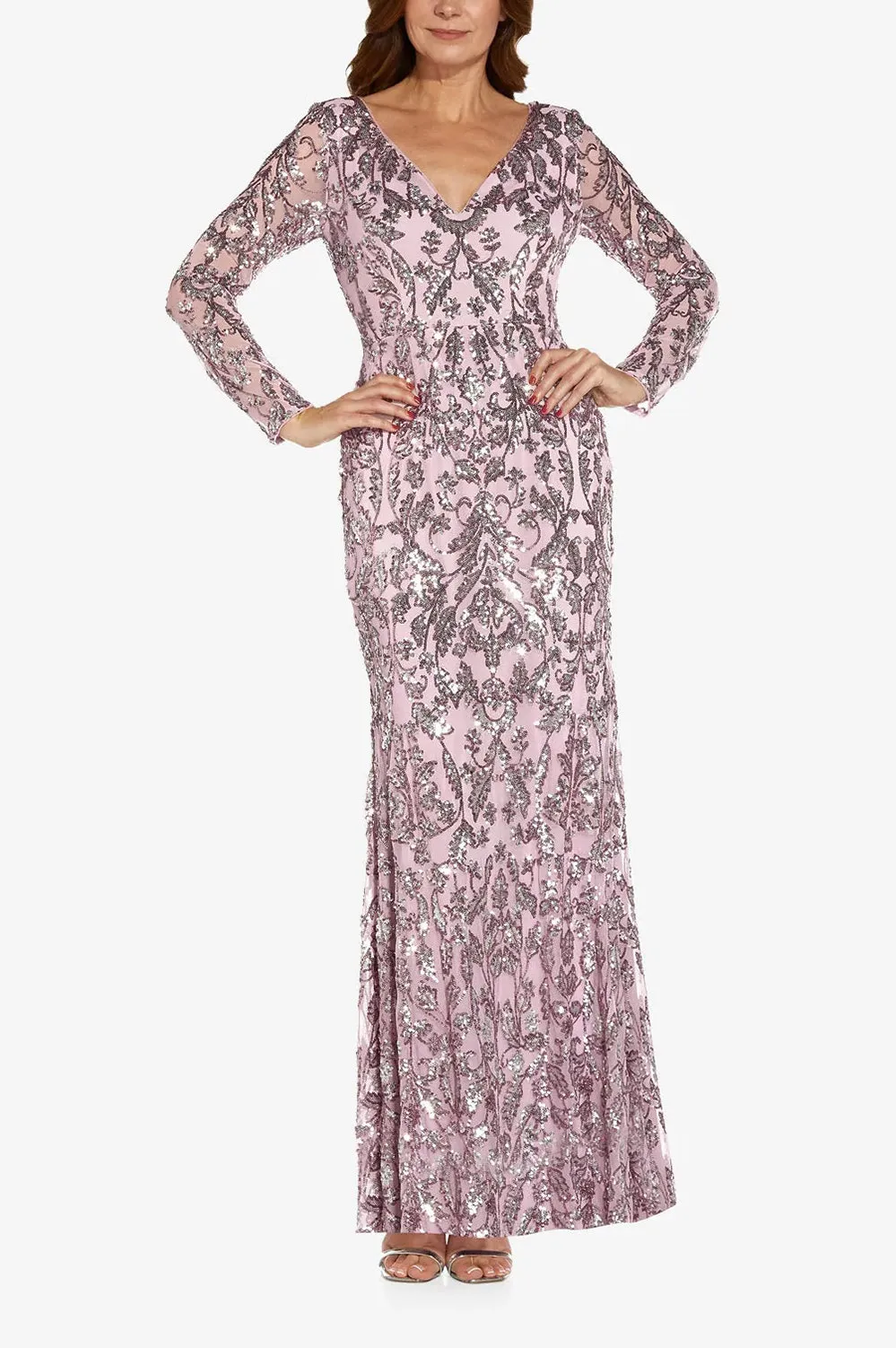 Adrianna Papell V-Neck Long Sleeve Bodycon Sequined Mesh Knit Gown