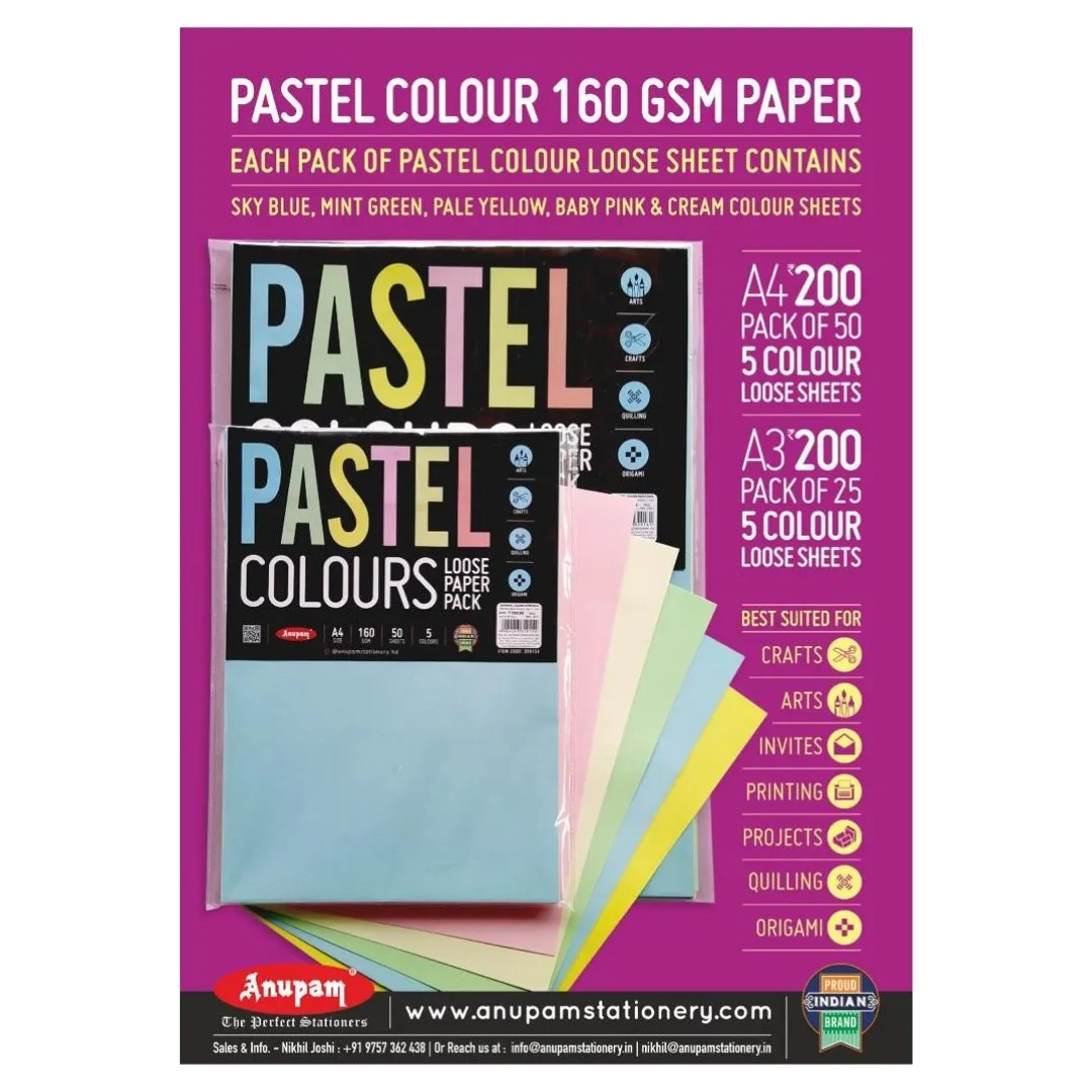 Anupam Pastel Colours Loose Sheets A4, 160 GSM