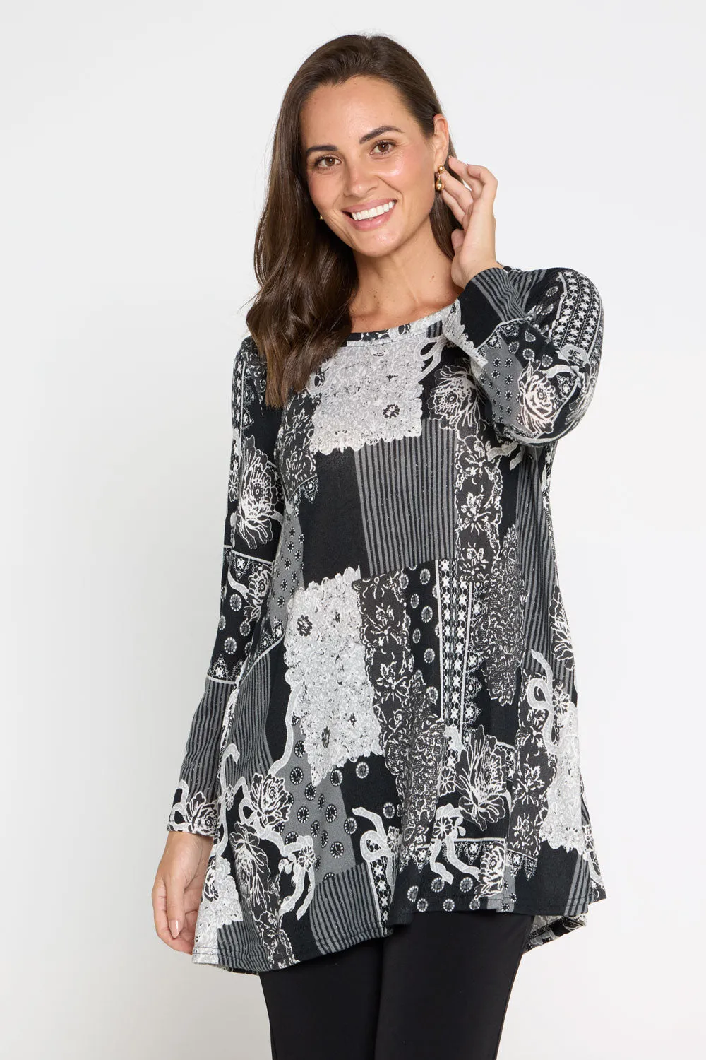 Barb Knit Top - Grey Patchwork Floral