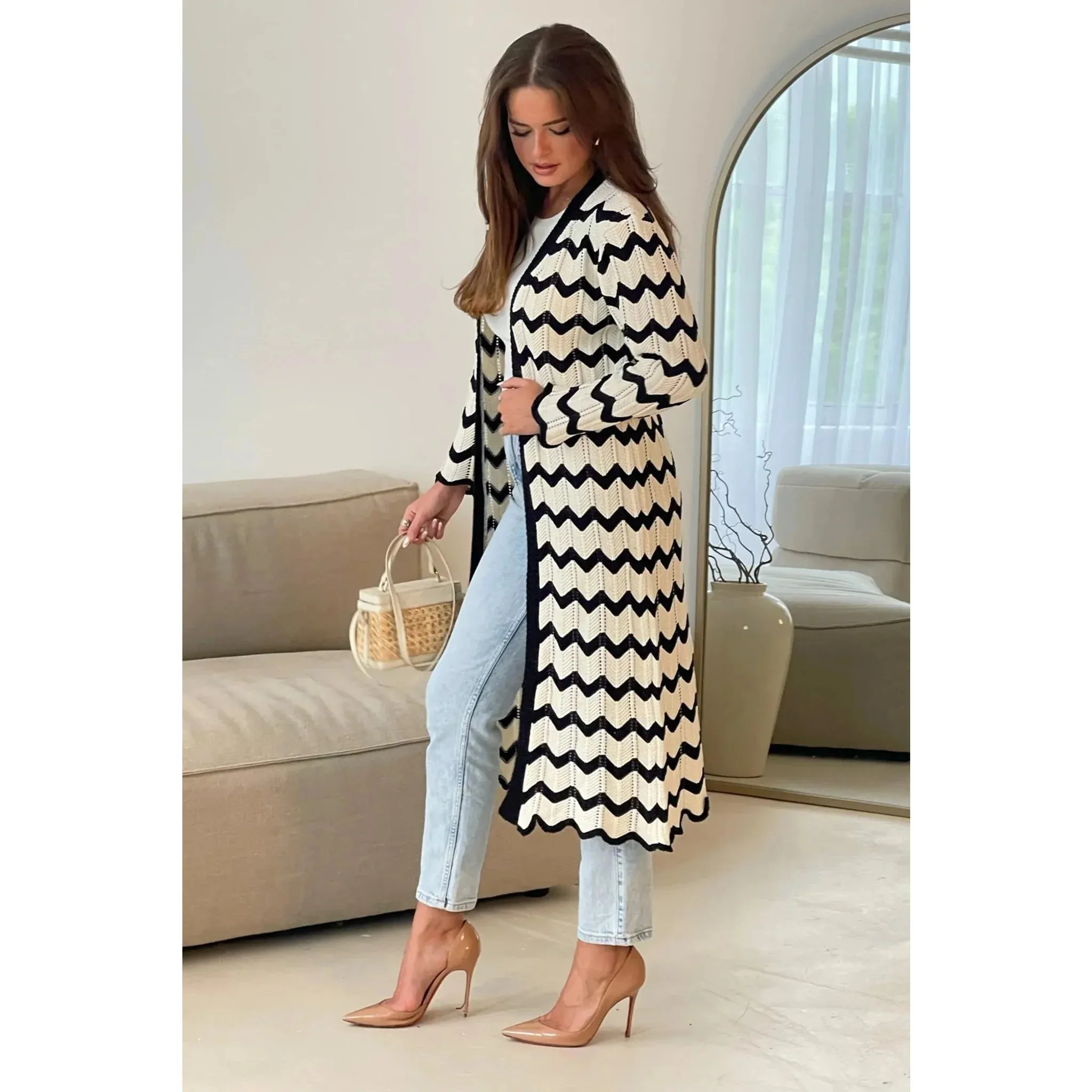 Black and White Monochrome Chevron Long Knitted Cardigan