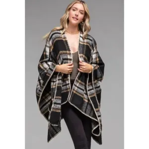 Black Plaid Pattern Whip Stitch Knit Open Ruana Poncho Wrap One Size