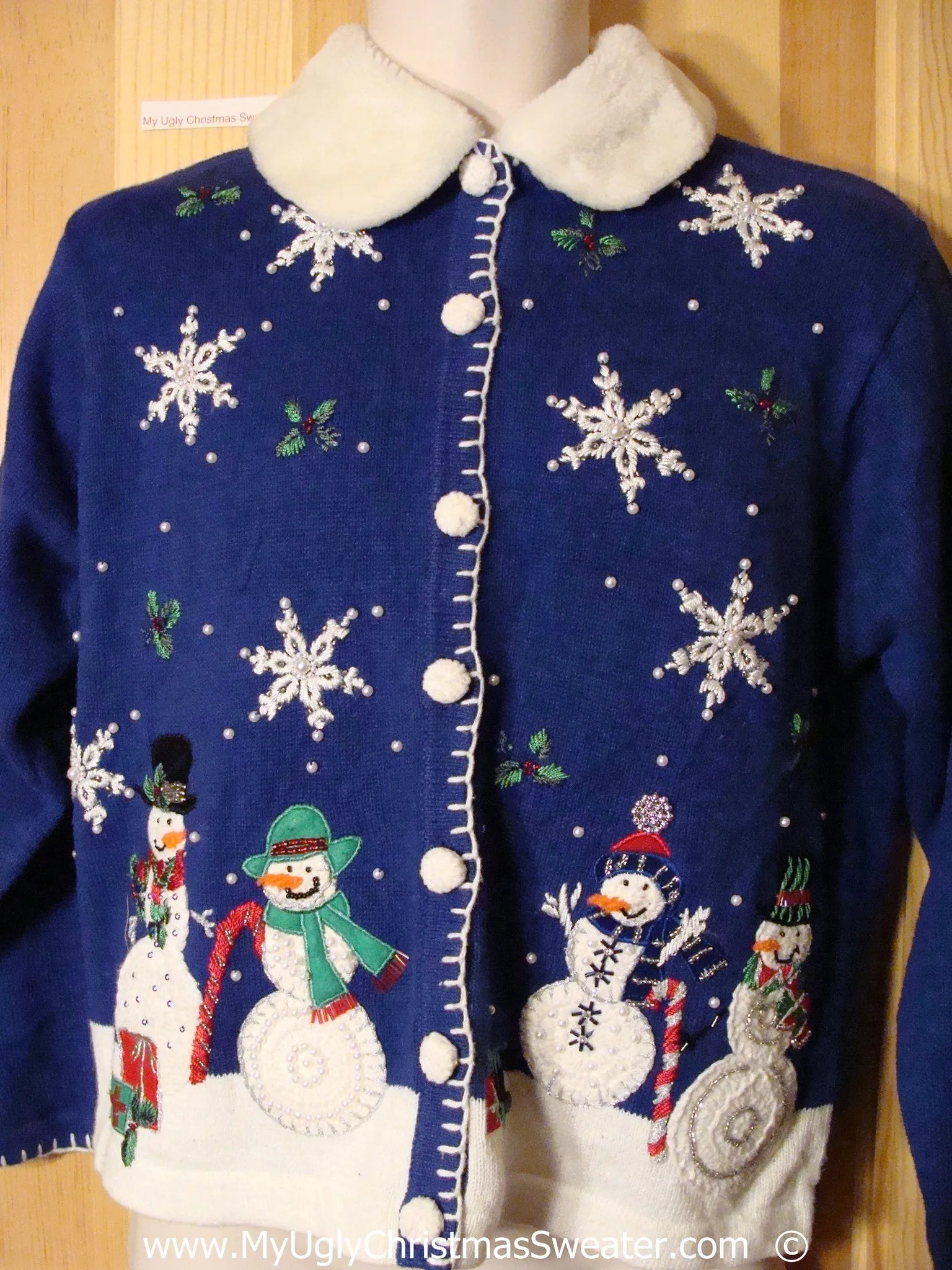 Blue Christmas Sweater with Snowmen and Furry Collar