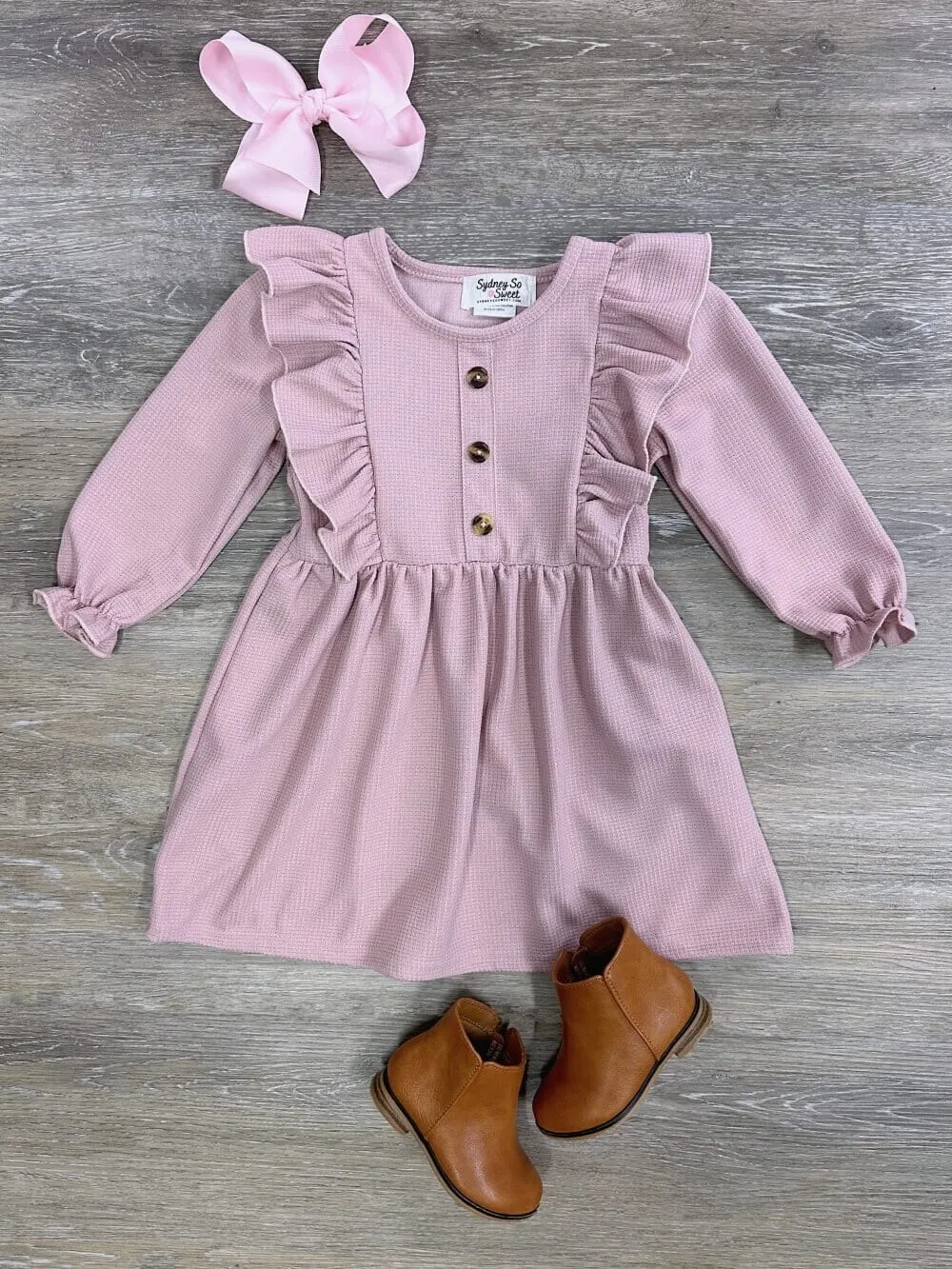 Blush Pink Waffle Knit Girls Ruffle Trim Long Sleeve Dress