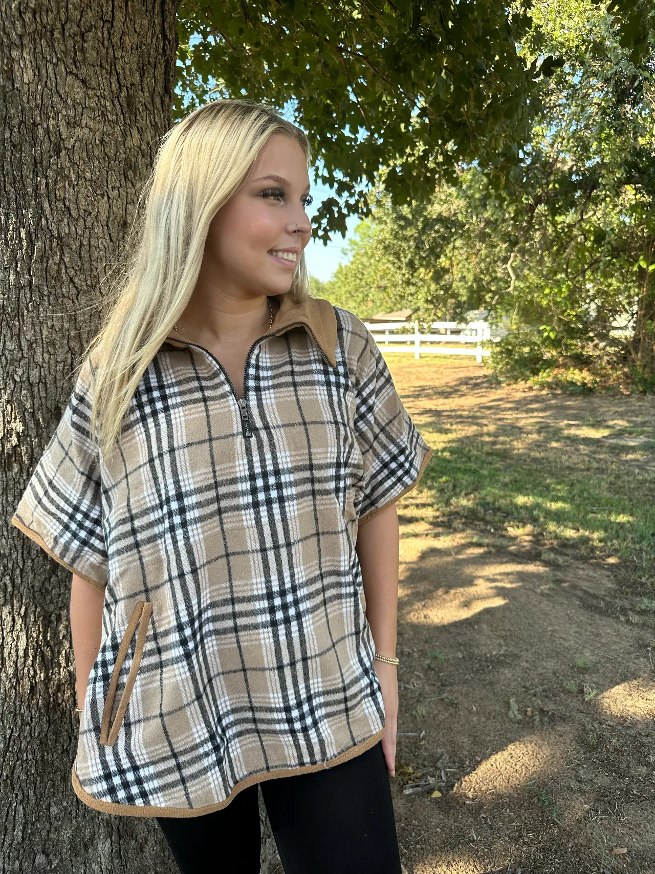 Brushed plaid half zipper pancho