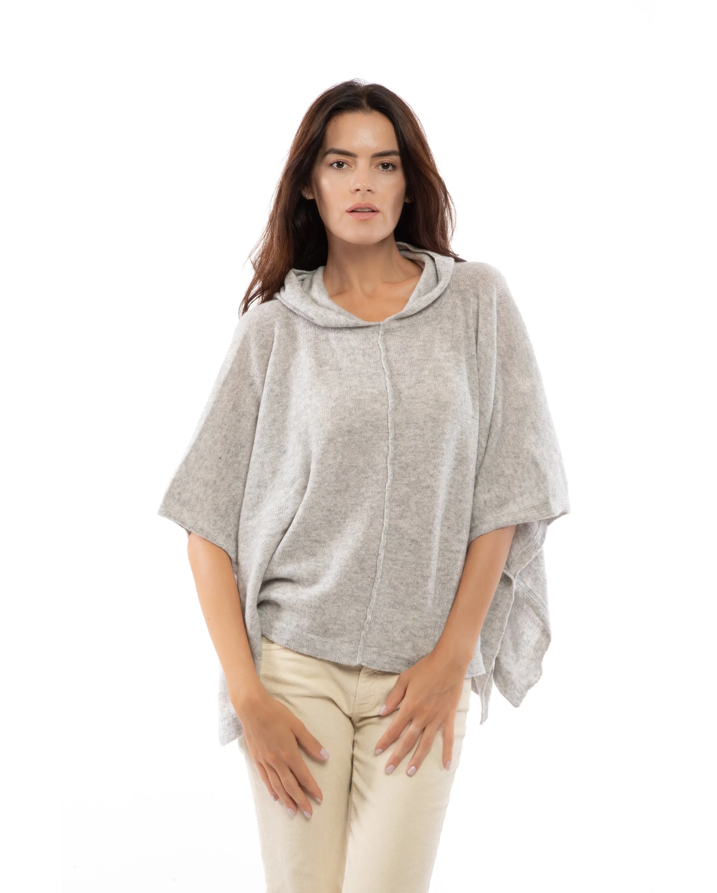 Cashmere Button Hoodie Poncho Light Gray