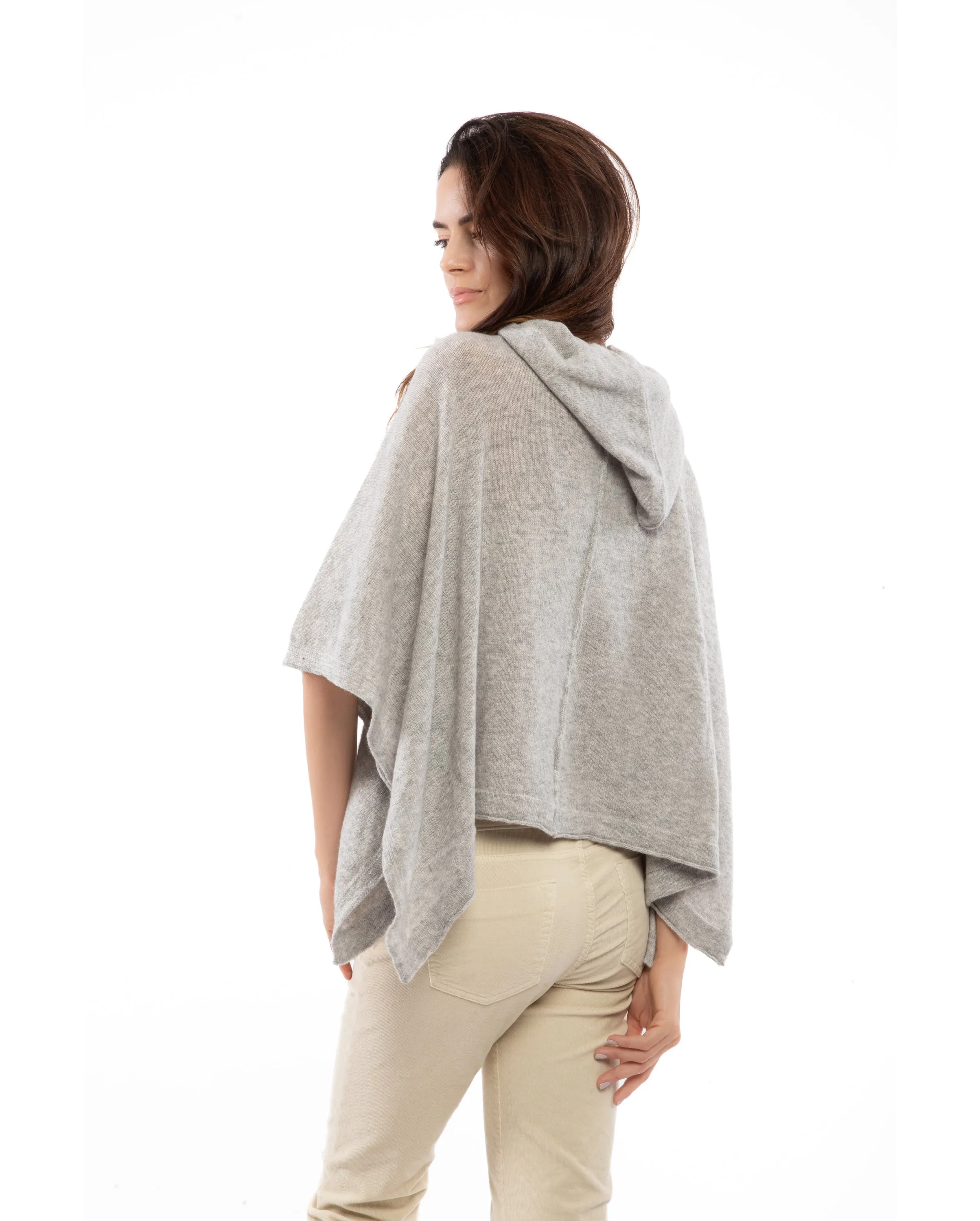 Cashmere Button Hoodie Poncho Light Gray