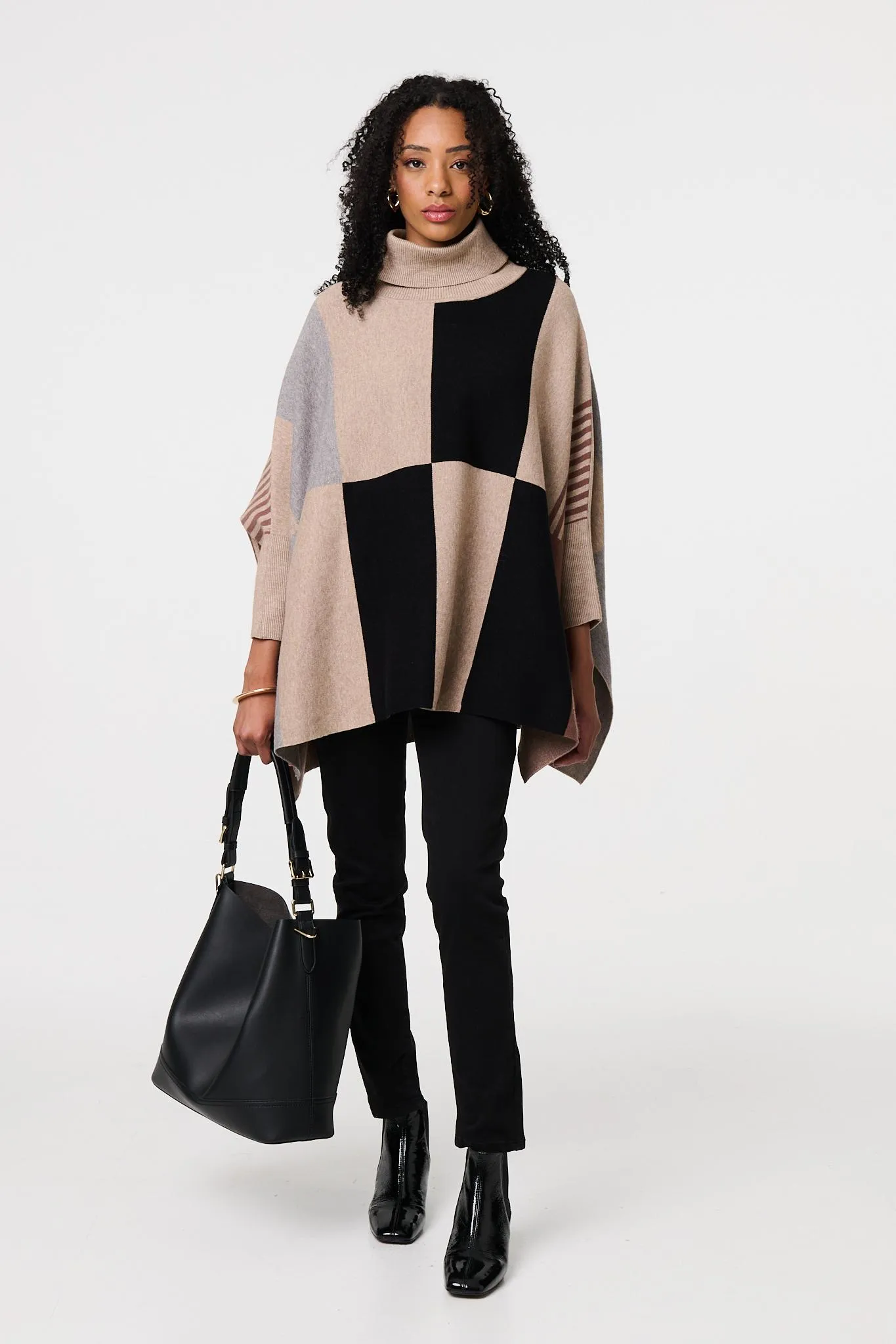 Colour Block Roll Neck Knitted Poncho