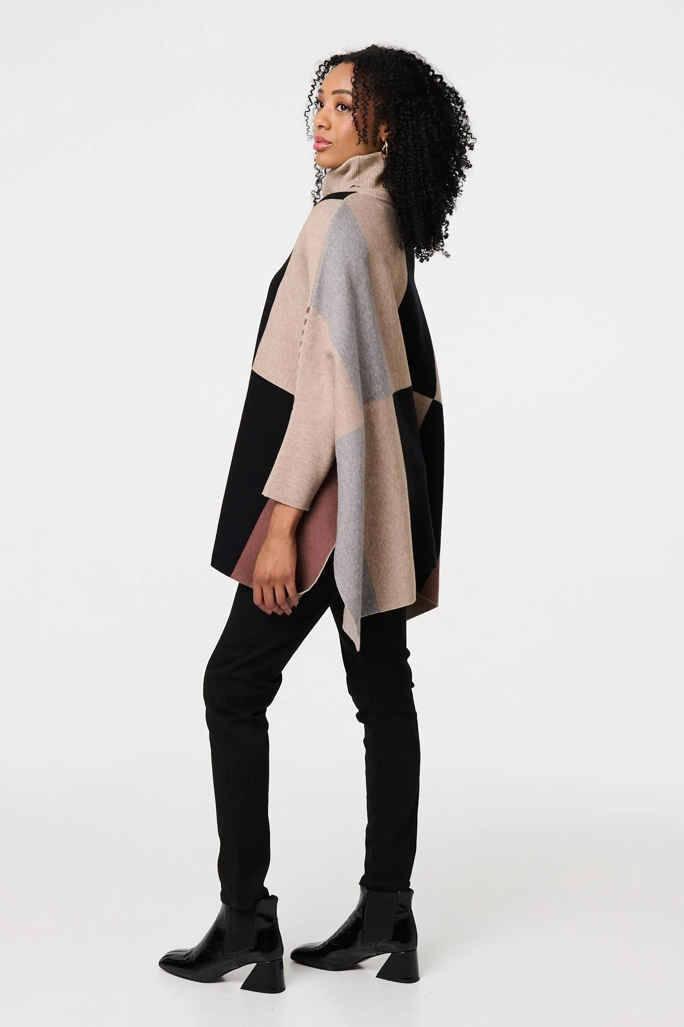 Colour Block Roll Neck Knitted Poncho