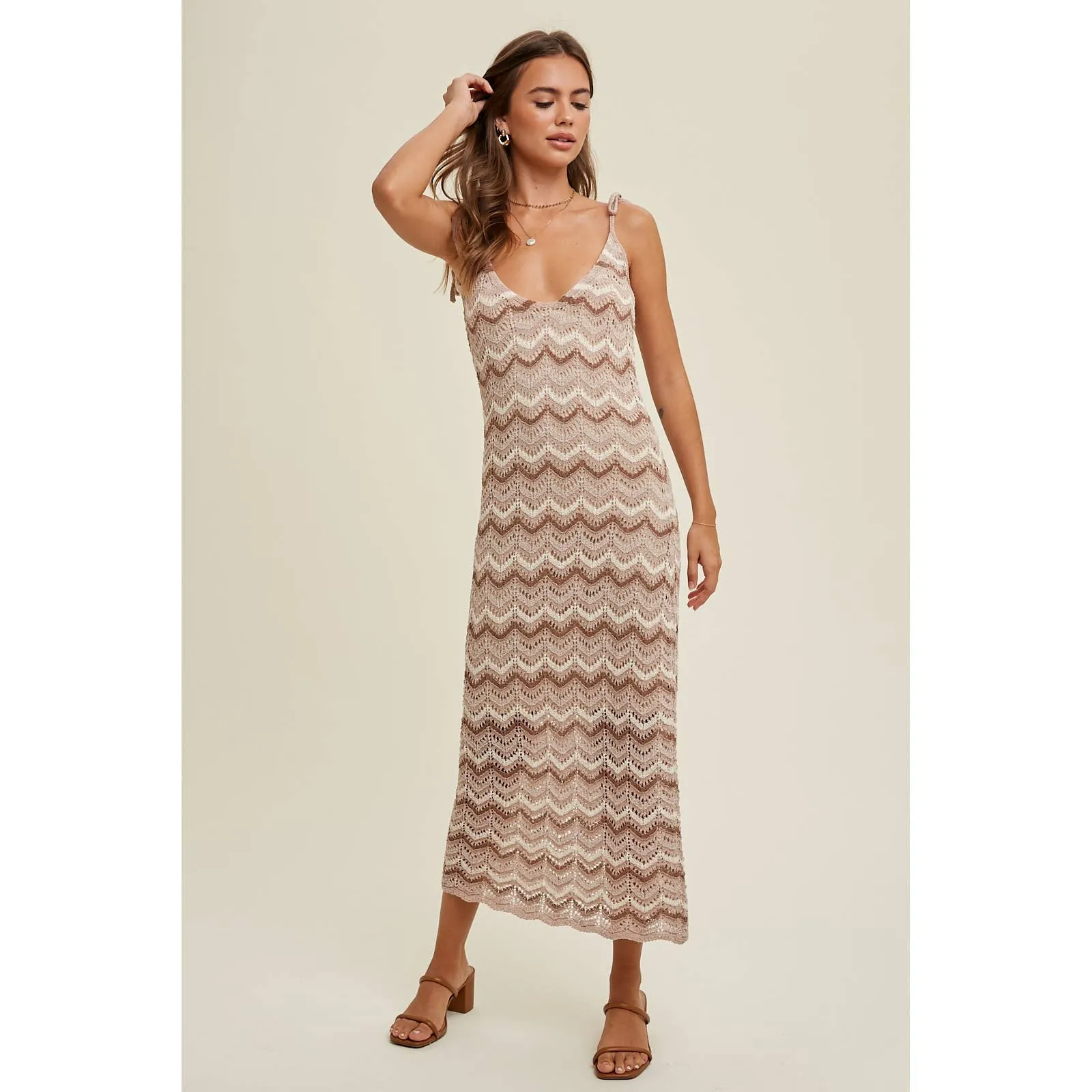 Crocheted Chevron Mocha Maxi Dress