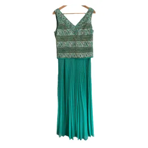 Emma Somerset Vintage 100% Silk Sleeveless Evening Gown Maxi Dress Floral Embroidered Emerald Green Metallic UK Size 12-14