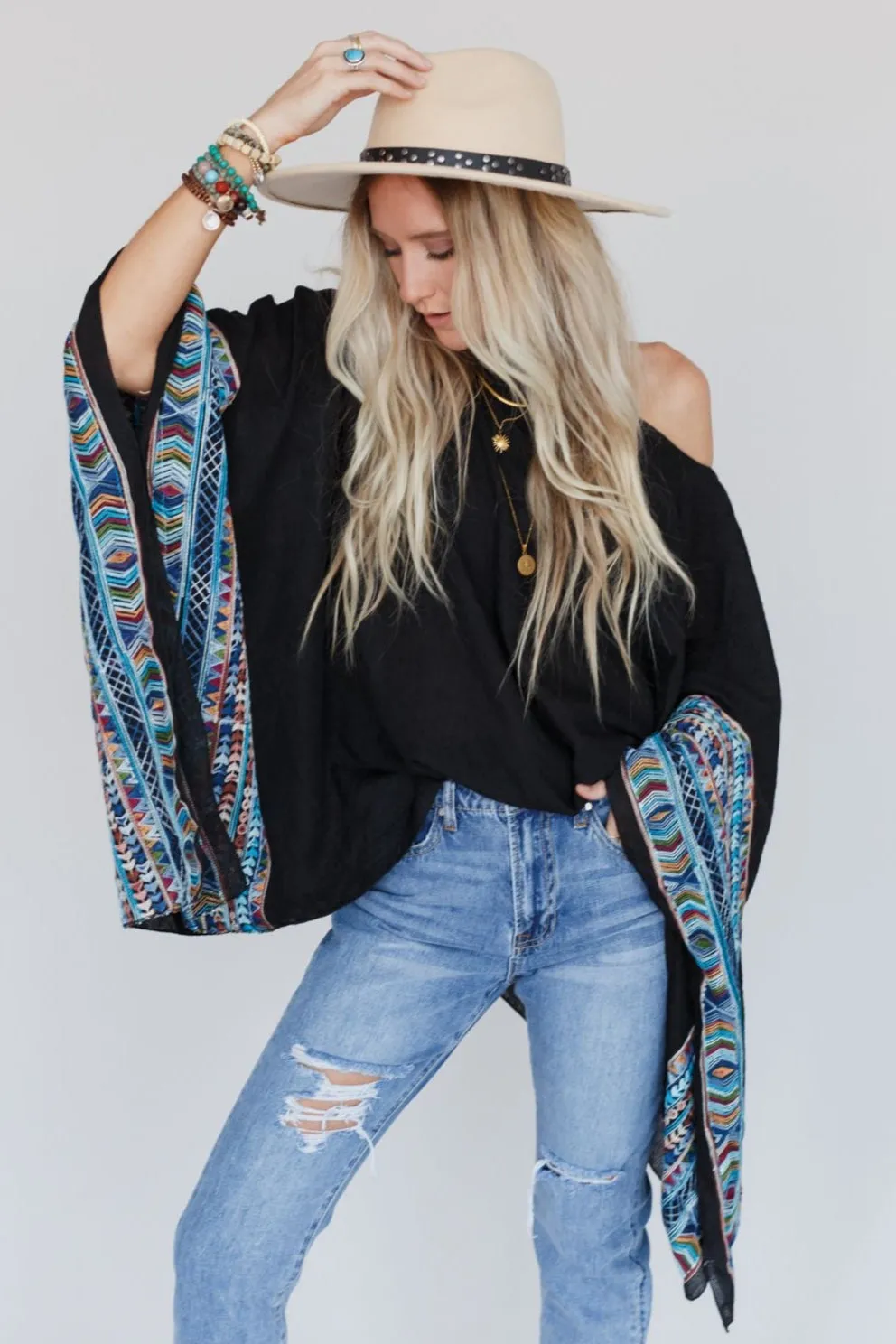 Fallon Embroidered Sleeve Poncho - Black