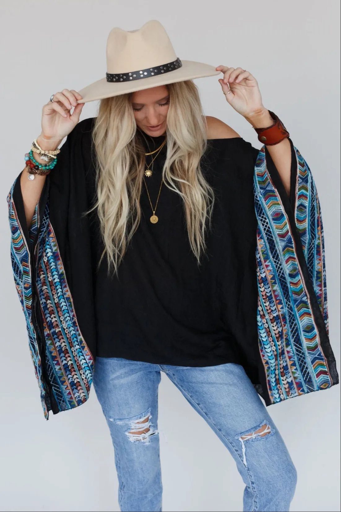 Fallon Embroidered Sleeve Poncho - Black