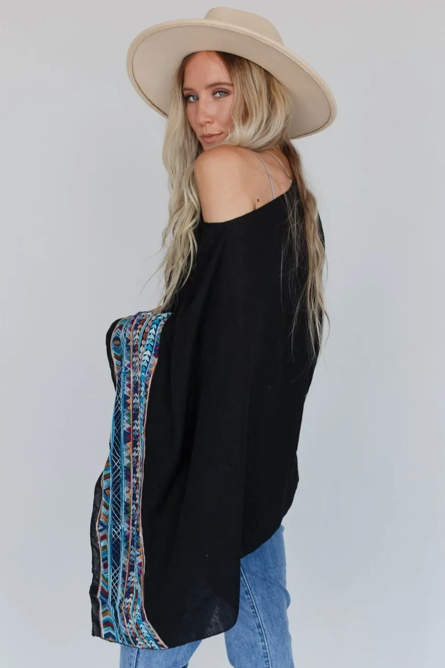 Fallon Embroidered Sleeve Poncho - Black