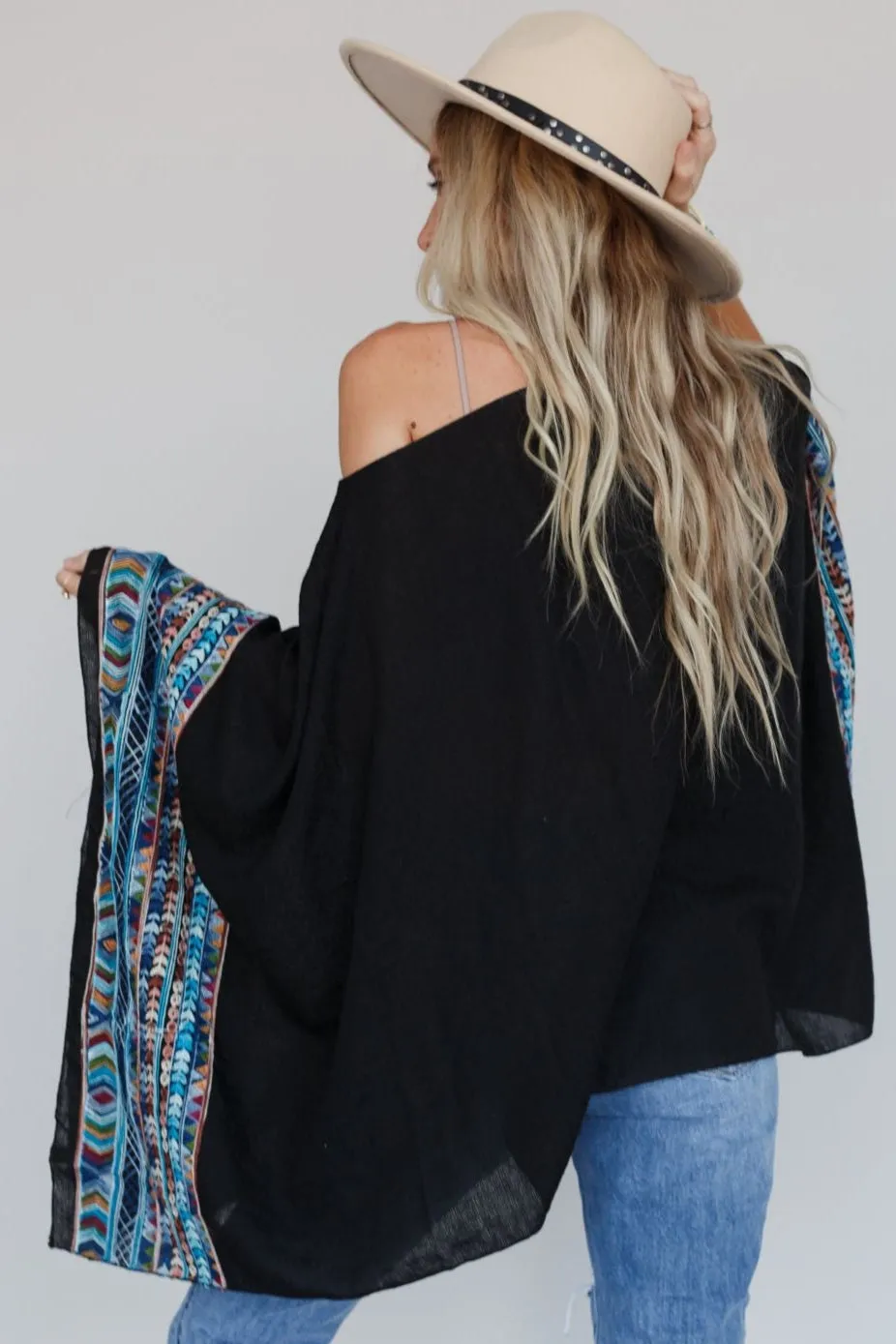 Fallon Embroidered Sleeve Poncho - Black