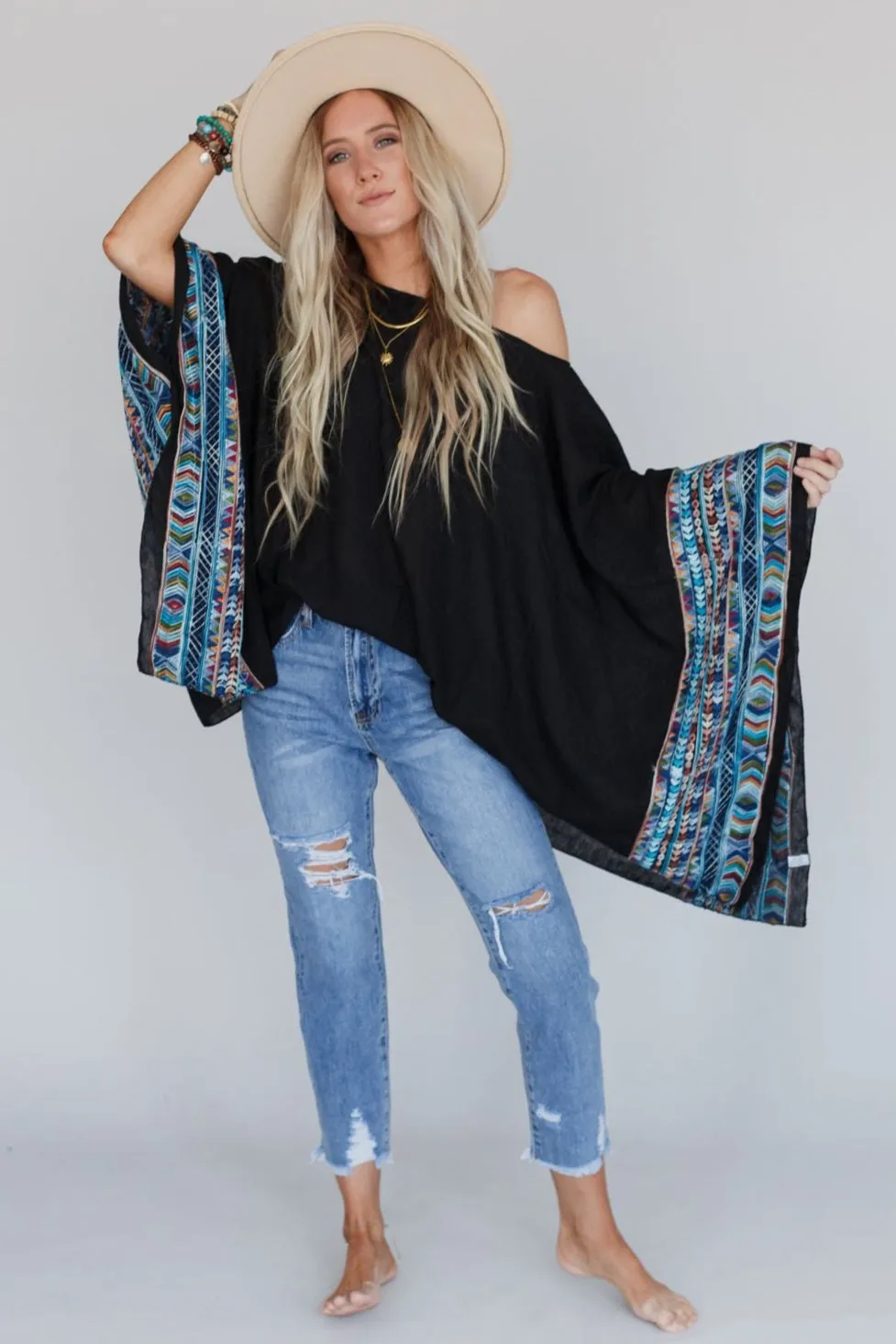 Fallon Embroidered Sleeve Poncho - Black