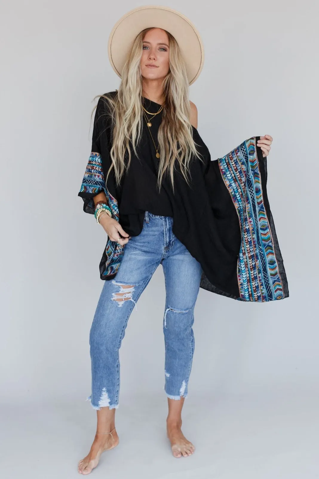 Fallon Embroidered Sleeve Poncho - Black