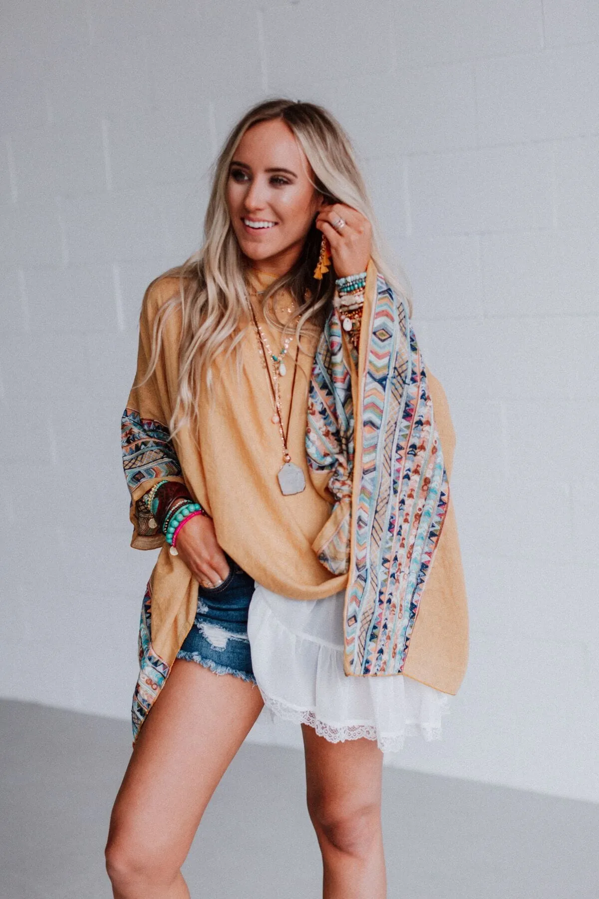 Fallon Embroidered Sleeve Poncho - Mustard