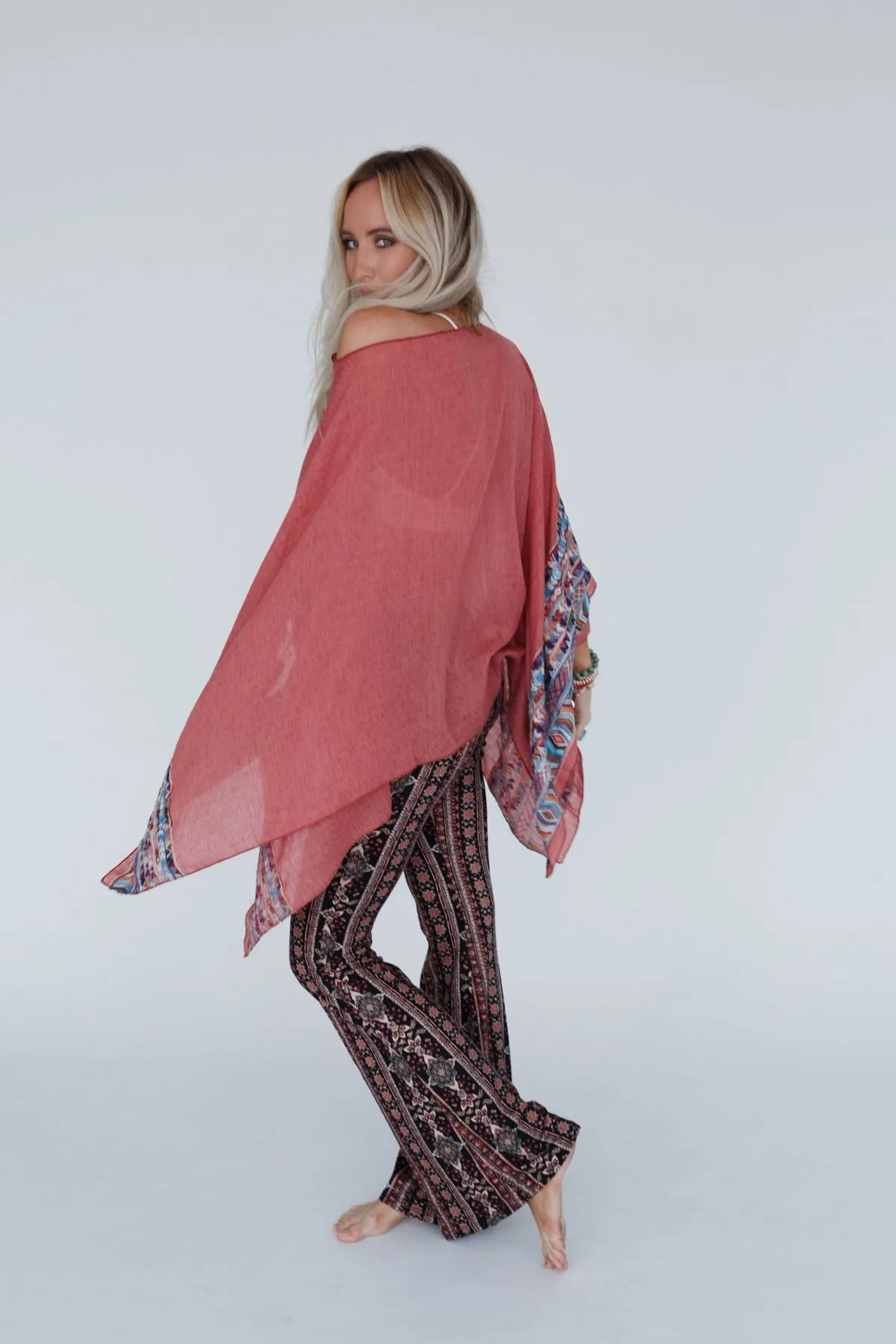 Fallon Embroidered Sleeve Poncho - Rust