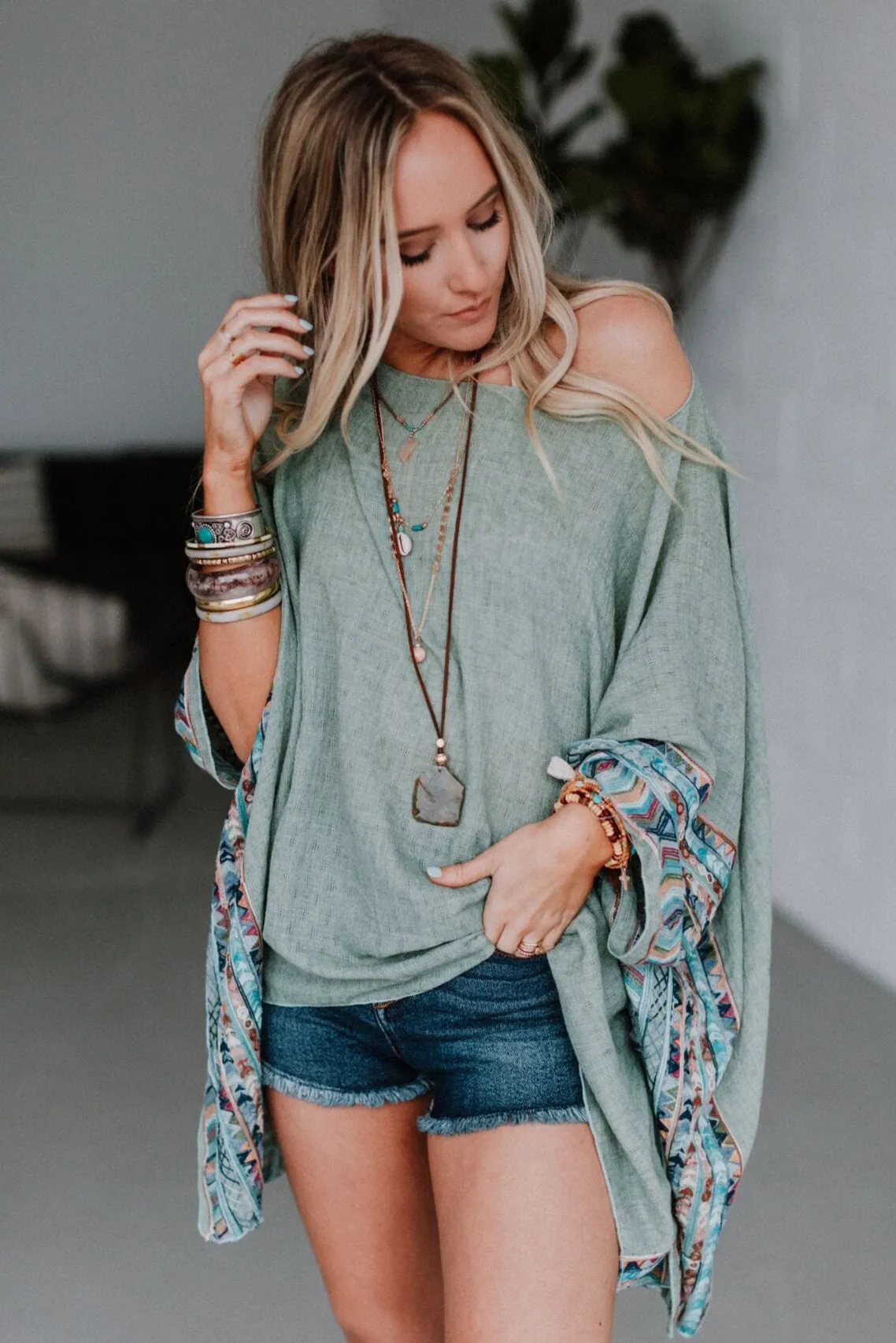 Fallon Embroidered Sleeve Poncho - Sage