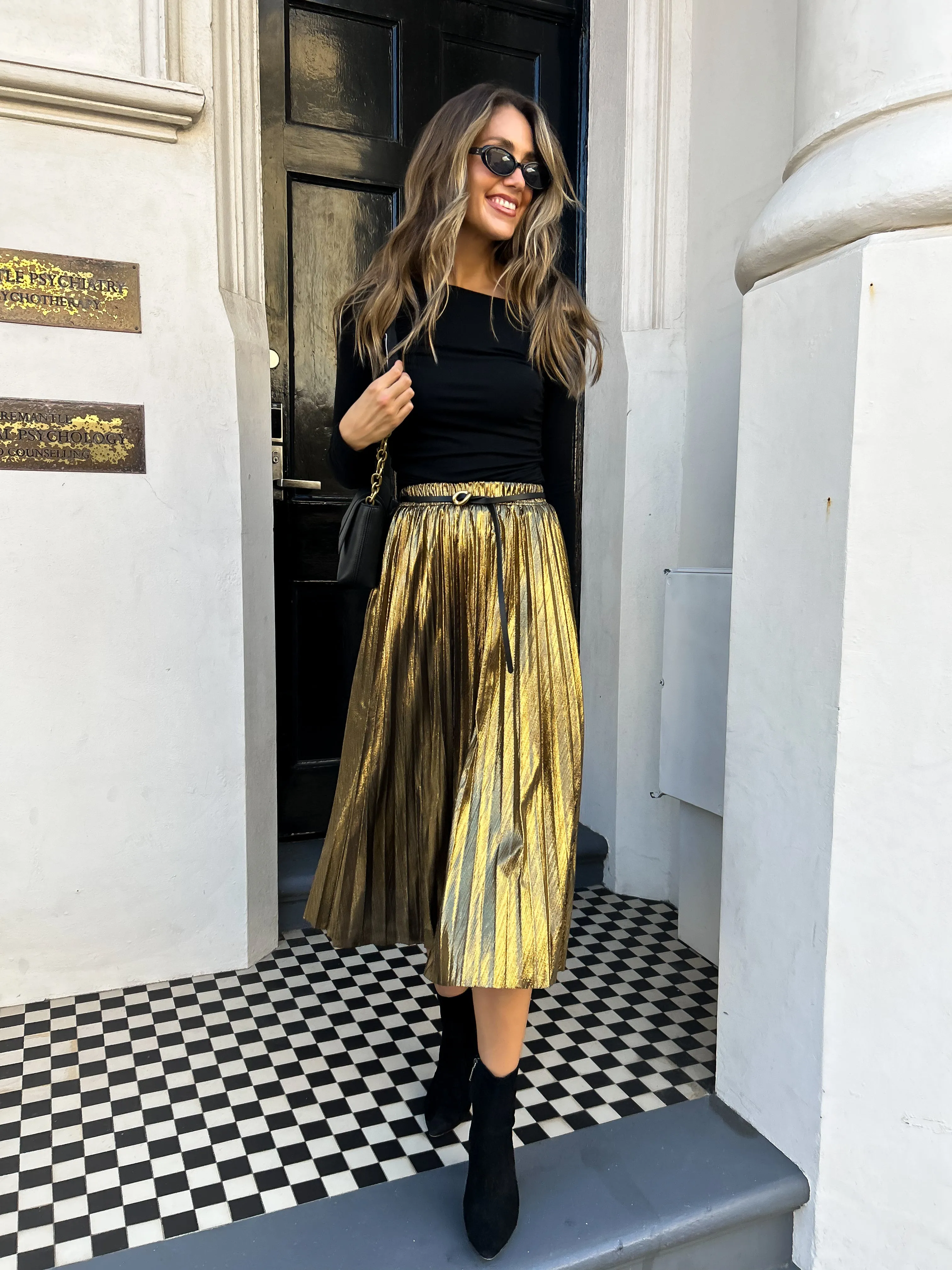 FARRAH Metallic Pleated Skirt - Vintage Gold