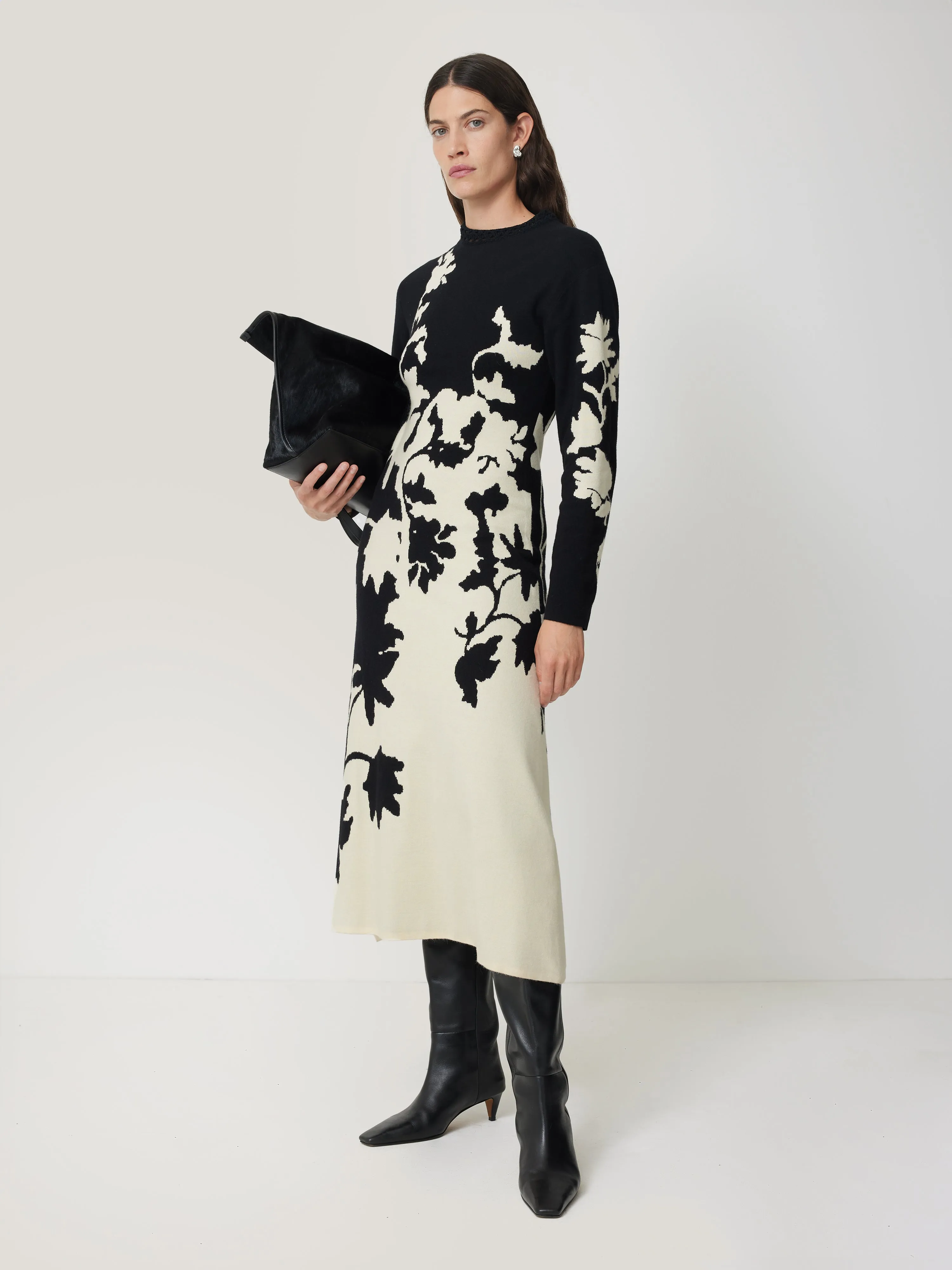 Floral Jacquard Knitted Dress | Monochrome