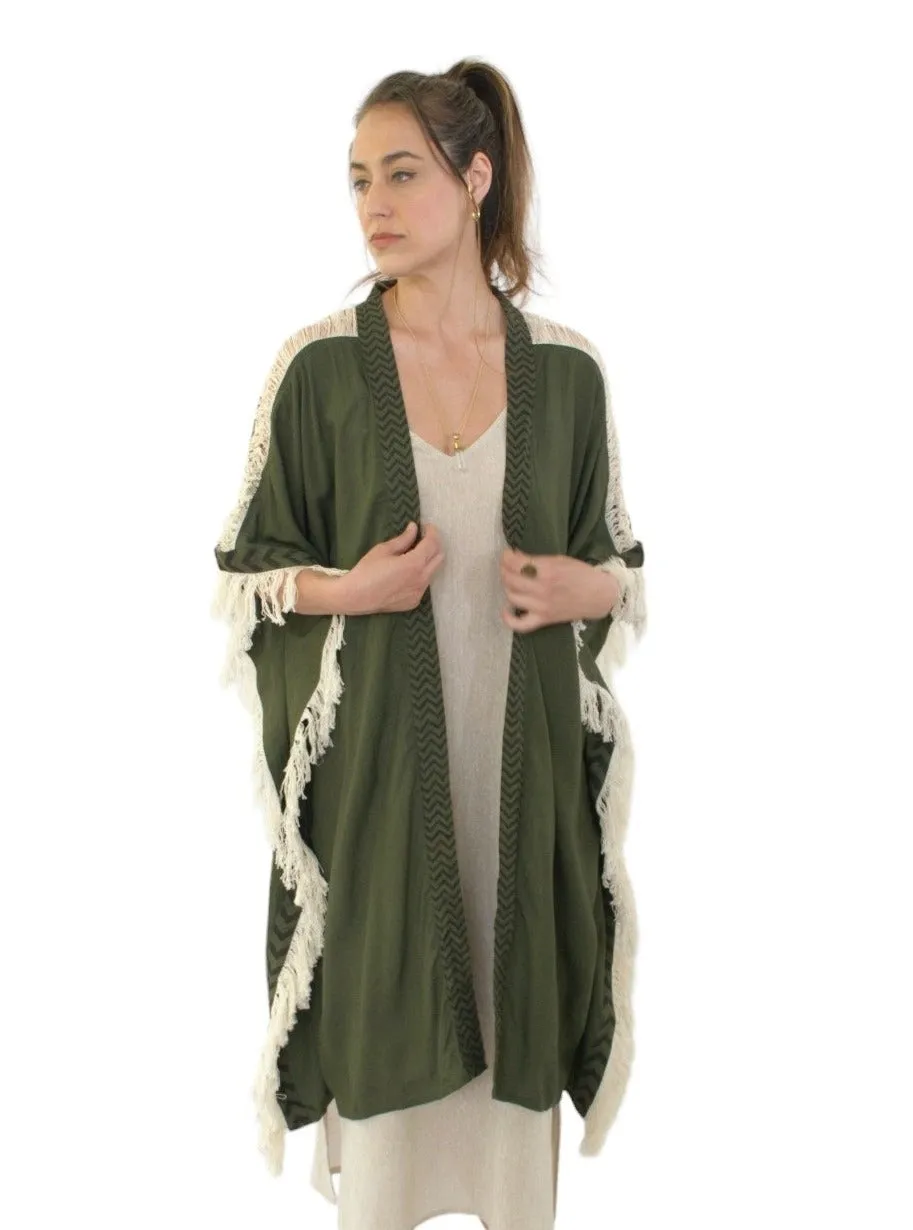 Forest Green Closed-Back Fringe Poncho