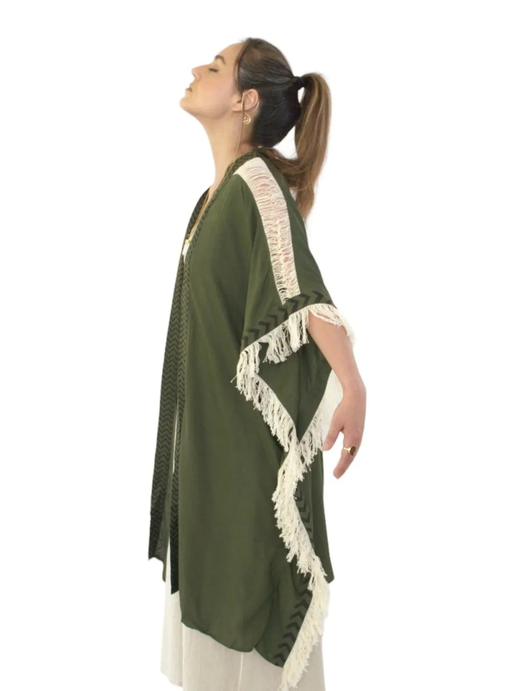 Forest Green Closed-Back Fringe Poncho