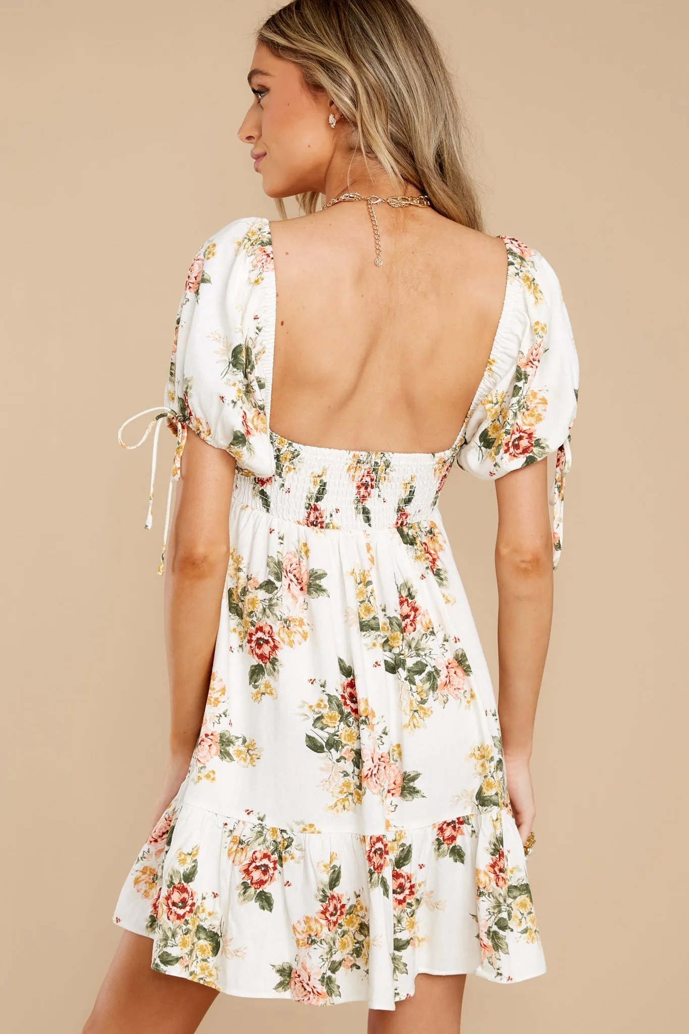 Garden Charm Off White Floral Print Dress