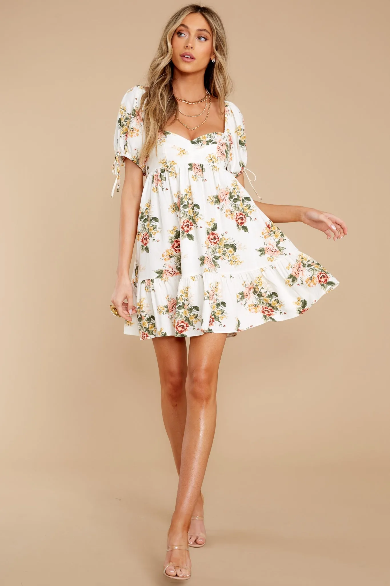 Garden Charm Off White Floral Print Dress