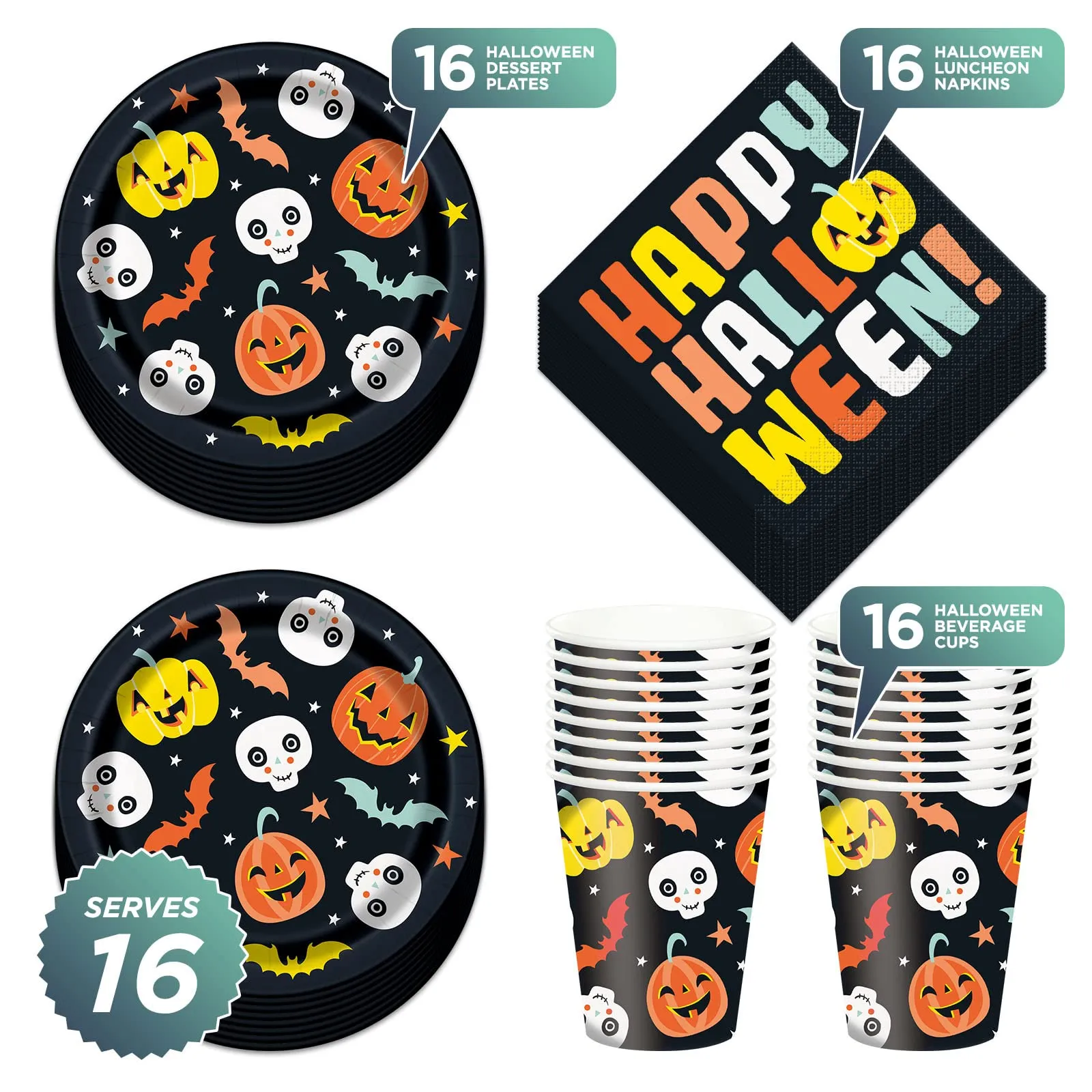 Halloween Night Back & Pastel Pumpkin Paper Plates, Beverage Napkins, and Cups (Serves 16)