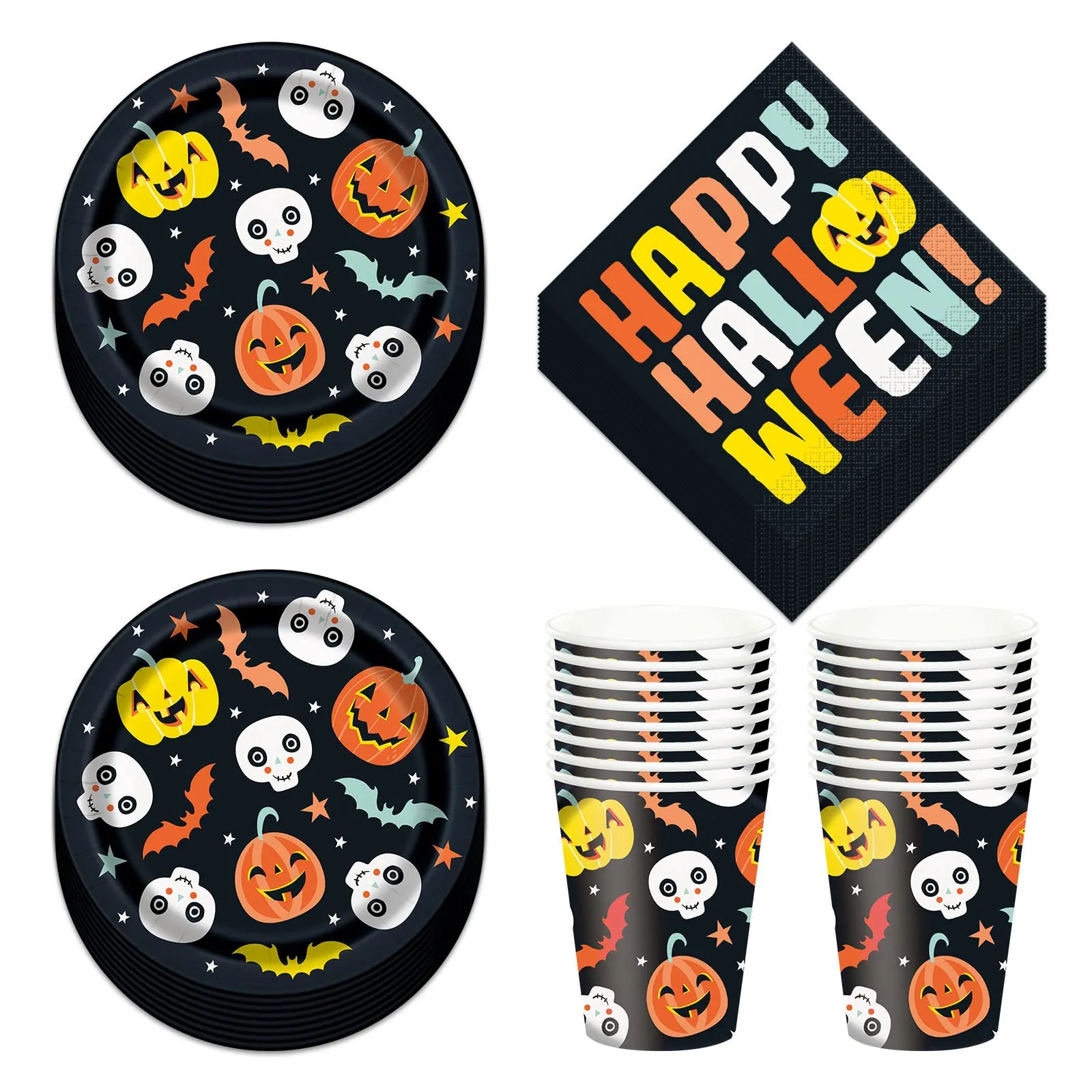 Halloween Night Back & Pastel Pumpkin Paper Plates, Beverage Napkins, and Cups (Serves 16)