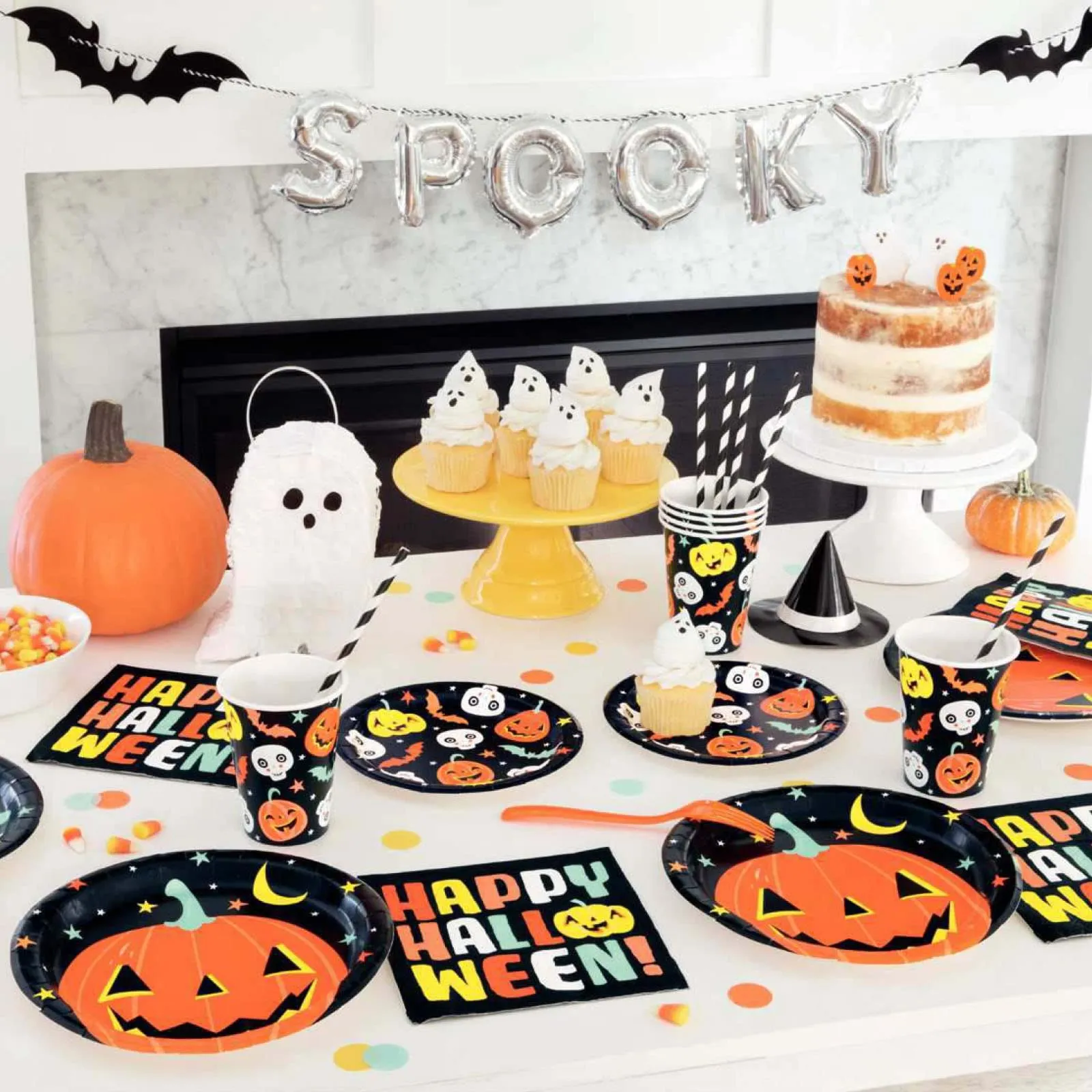 Halloween Night Back & Pastel Pumpkin Paper Plates, Beverage Napkins, and Cups (Serves 16)