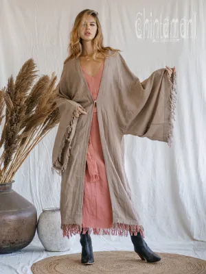 Huge Wide Sleeves Kimono Cardigan / Raw Cotton Wrap Robe / Coffee