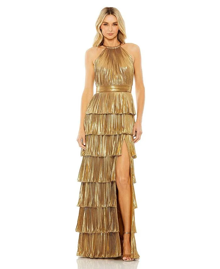 Ieena Heat Mac Duggal Women's Metallic Ruffle Pleated Dress in Gold