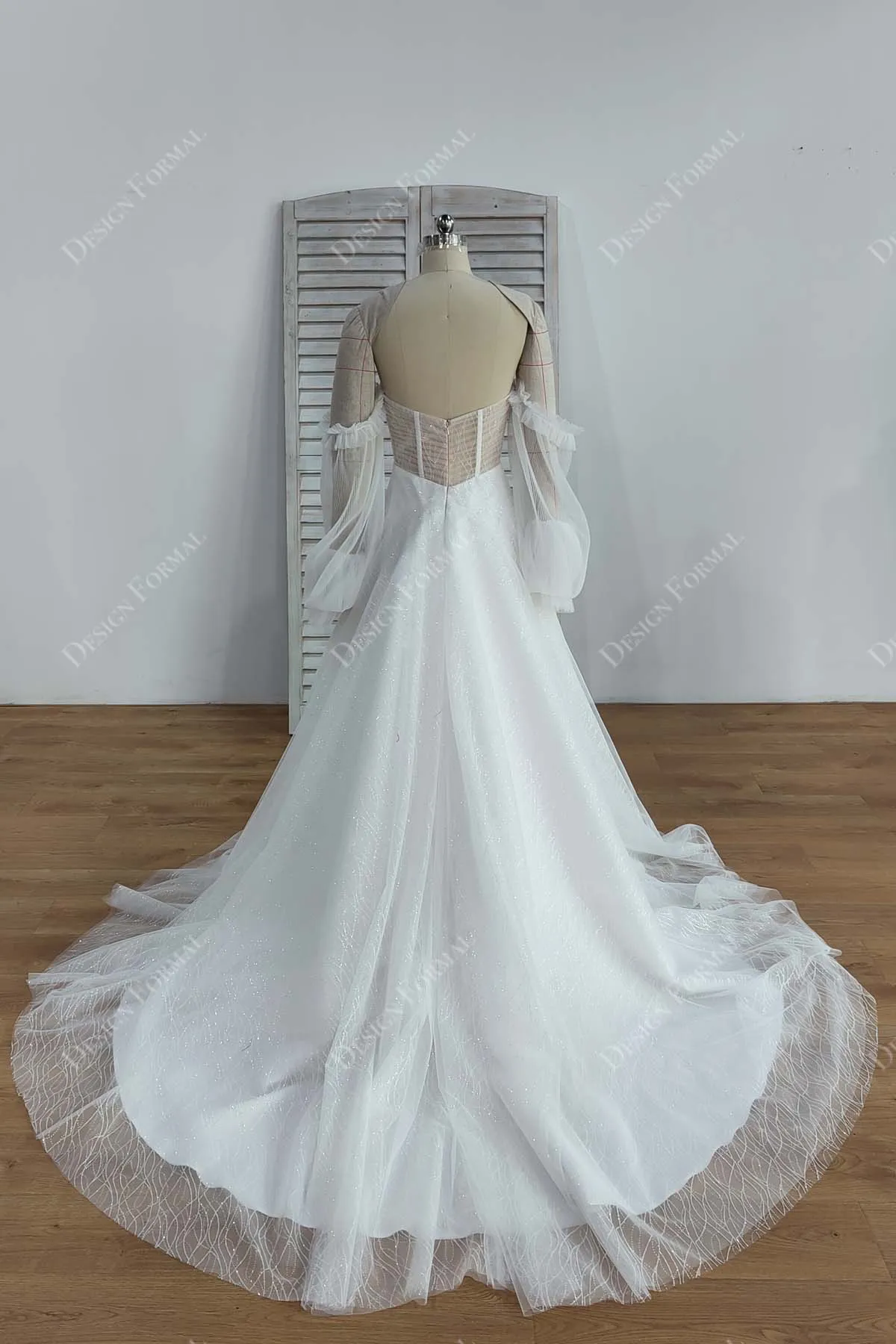 Illusion Corset Plunging Pleated Off Shoulder Crafted Wedding Dress