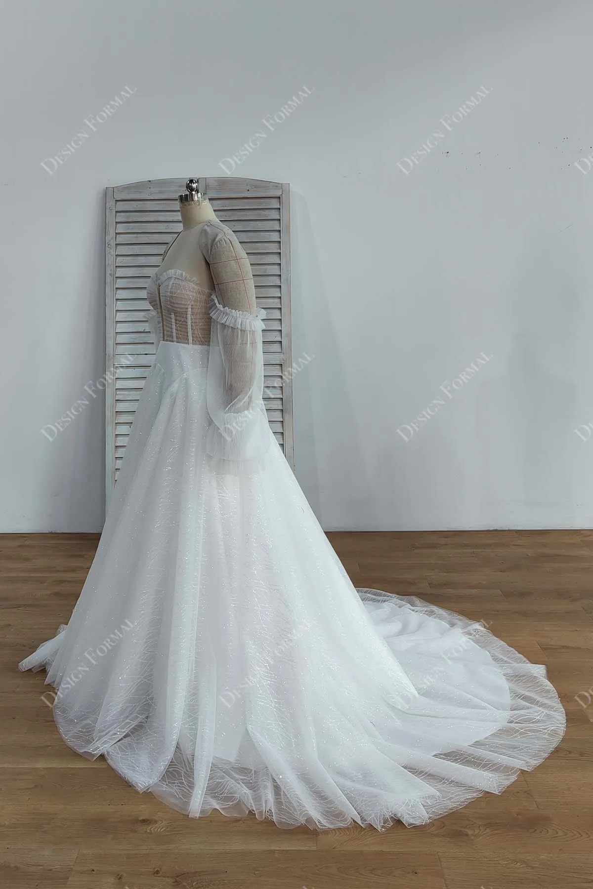 Illusion Corset Plunging Pleated Off Shoulder Crafted Wedding Dress