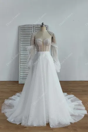 Illusion Corset Plunging Pleated Off Shoulder Crafted Wedding Dress