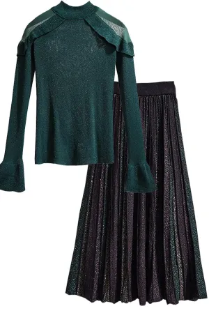 Janine Petrol Metallic Blouse and Pleated Skirt Set