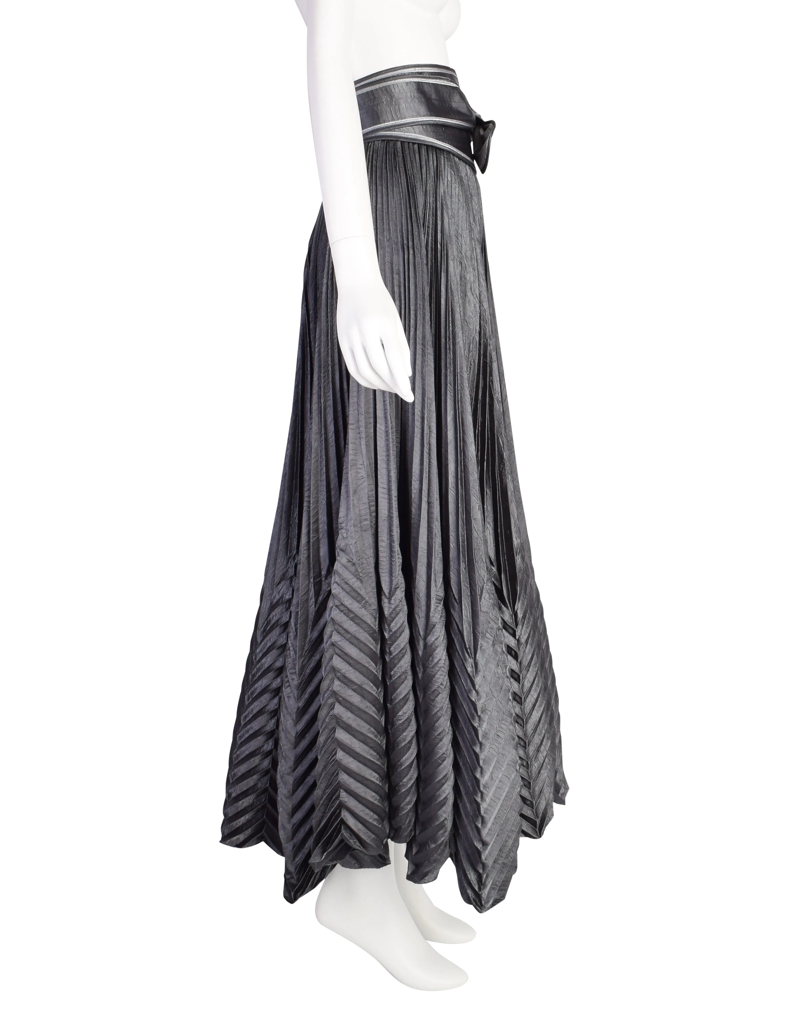 Jeanne Marc Vintage Metallic Charcoal Grey Angle Pleated Full Circle Maxi Skirt