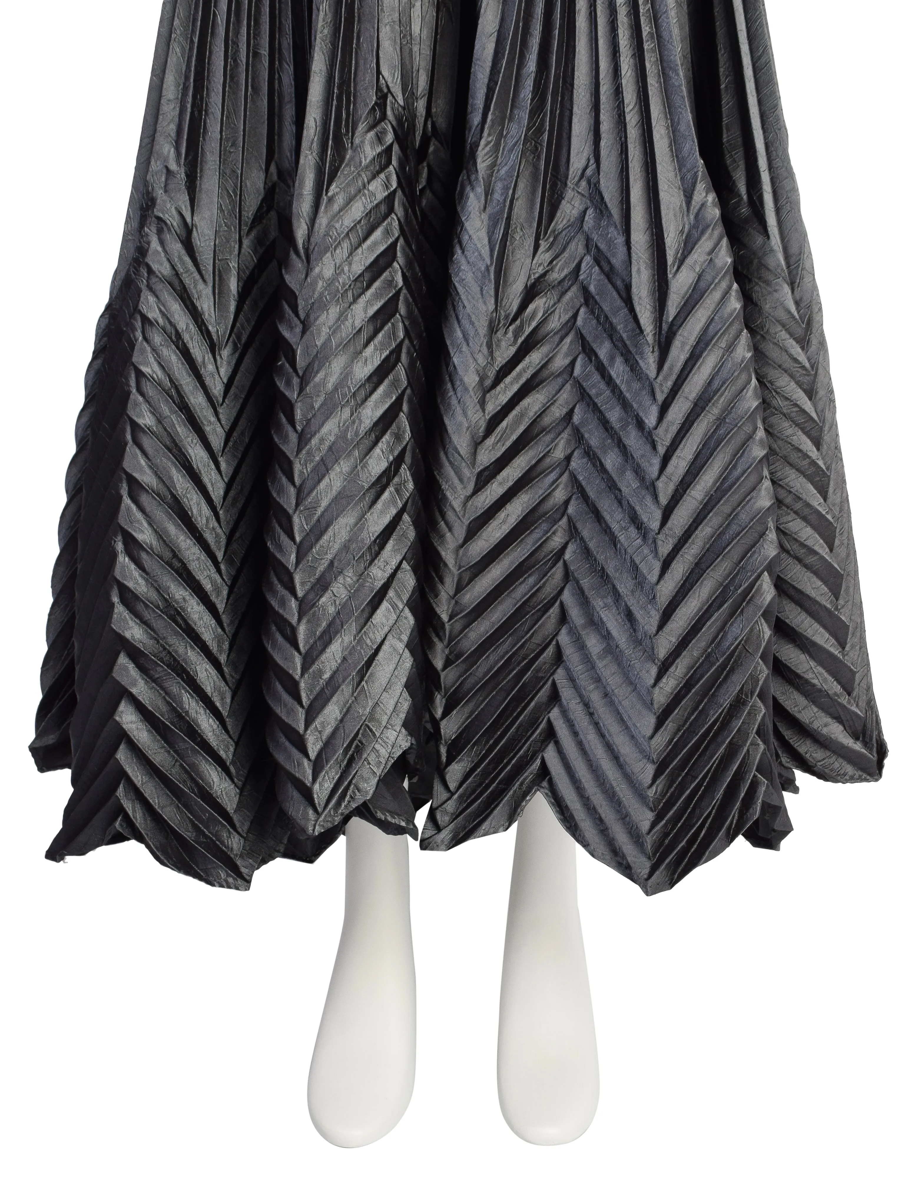 Jeanne Marc Vintage Metallic Charcoal Grey Angle Pleated Full Circle Maxi Skirt