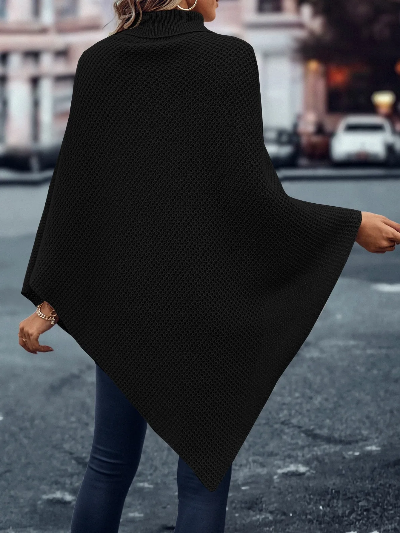 LUNE Turtleneck Batwing Sleeve Asymmetrical Hem Knit Poncho