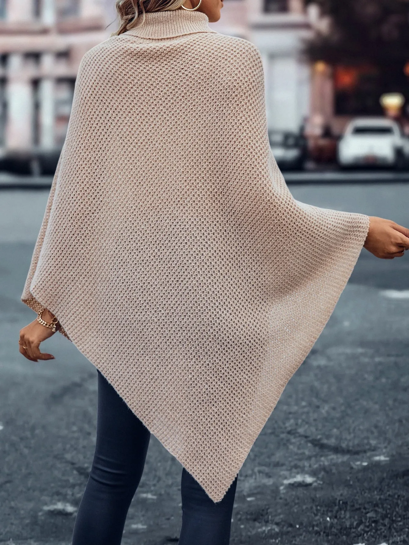 LUNE Turtleneck Batwing Sleeve Asymmetrical Hem Knit Poncho