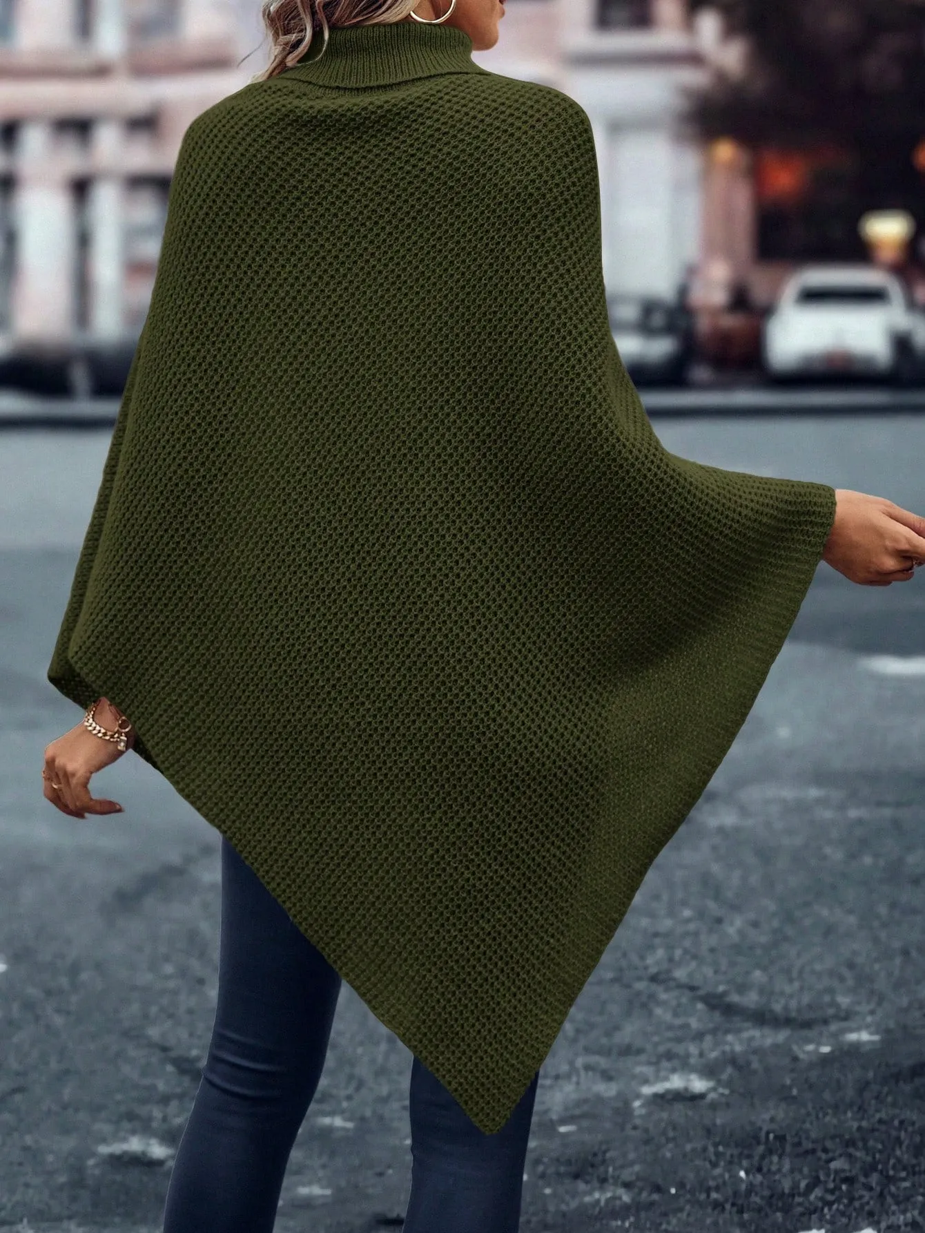 LUNE Turtleneck Batwing Sleeve Asymmetrical Hem Knit Poncho