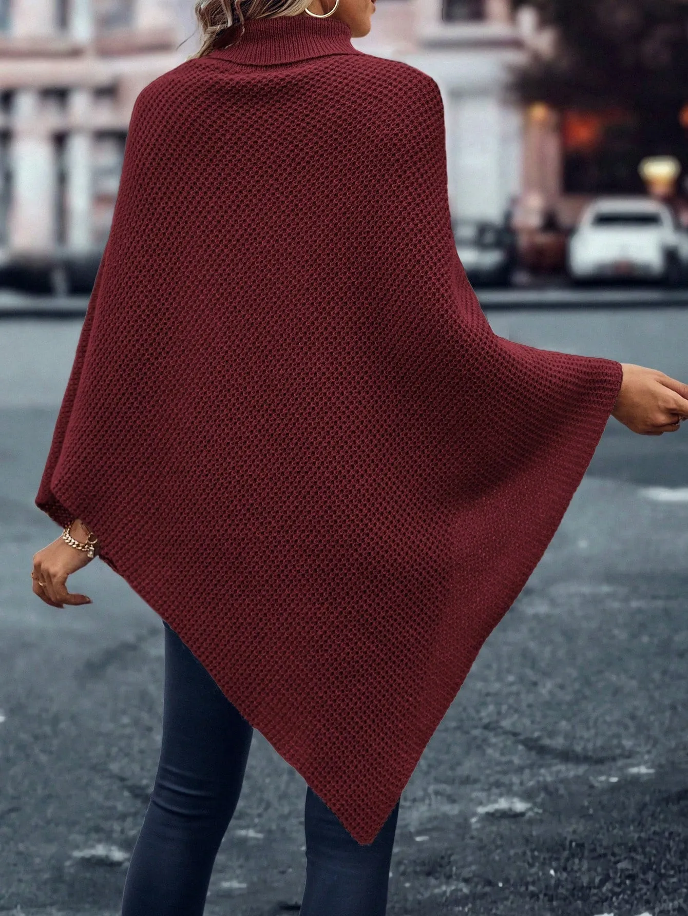 LUNE Turtleneck Batwing Sleeve Asymmetrical Hem Knit Poncho