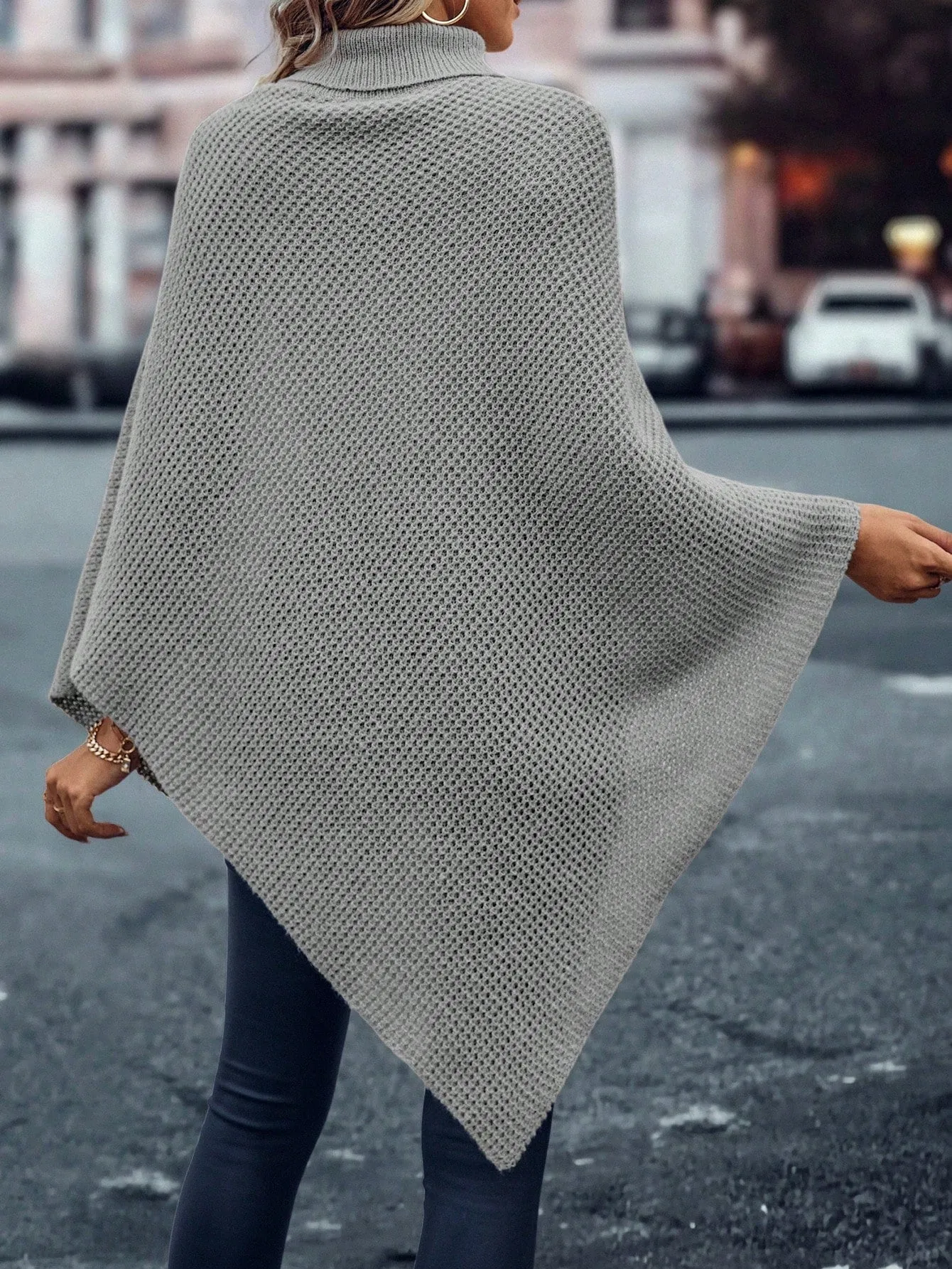 LUNE Turtleneck Batwing Sleeve Asymmetrical Hem Knit Poncho